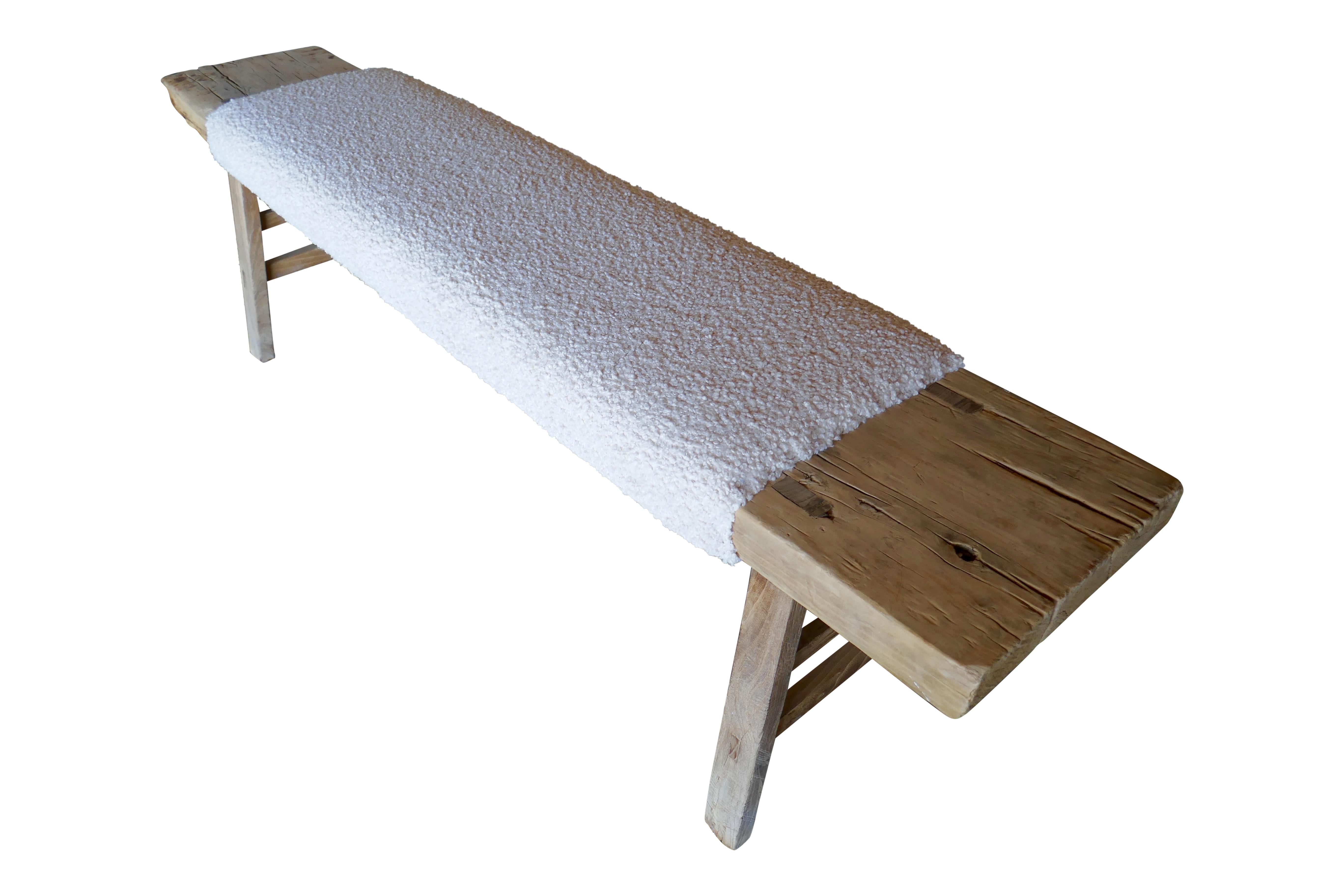 20th Century FI Vintage Shandong Elmwood Bench w/ Luxe Cream White Shearling  For Sale