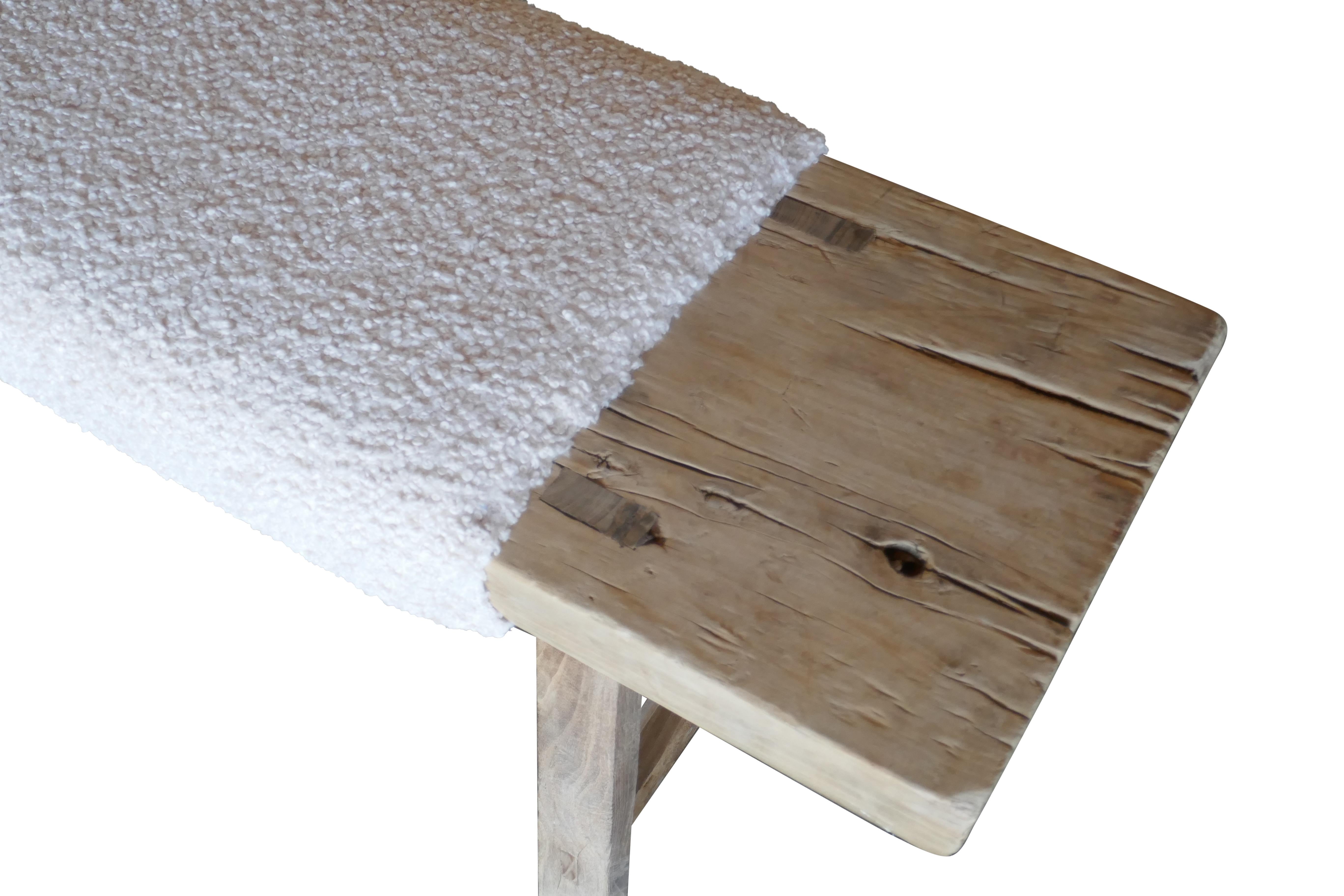 Cotton FI Vintage Shandong Elmwood Bench w/ Luxe Cream White Shearling  For Sale