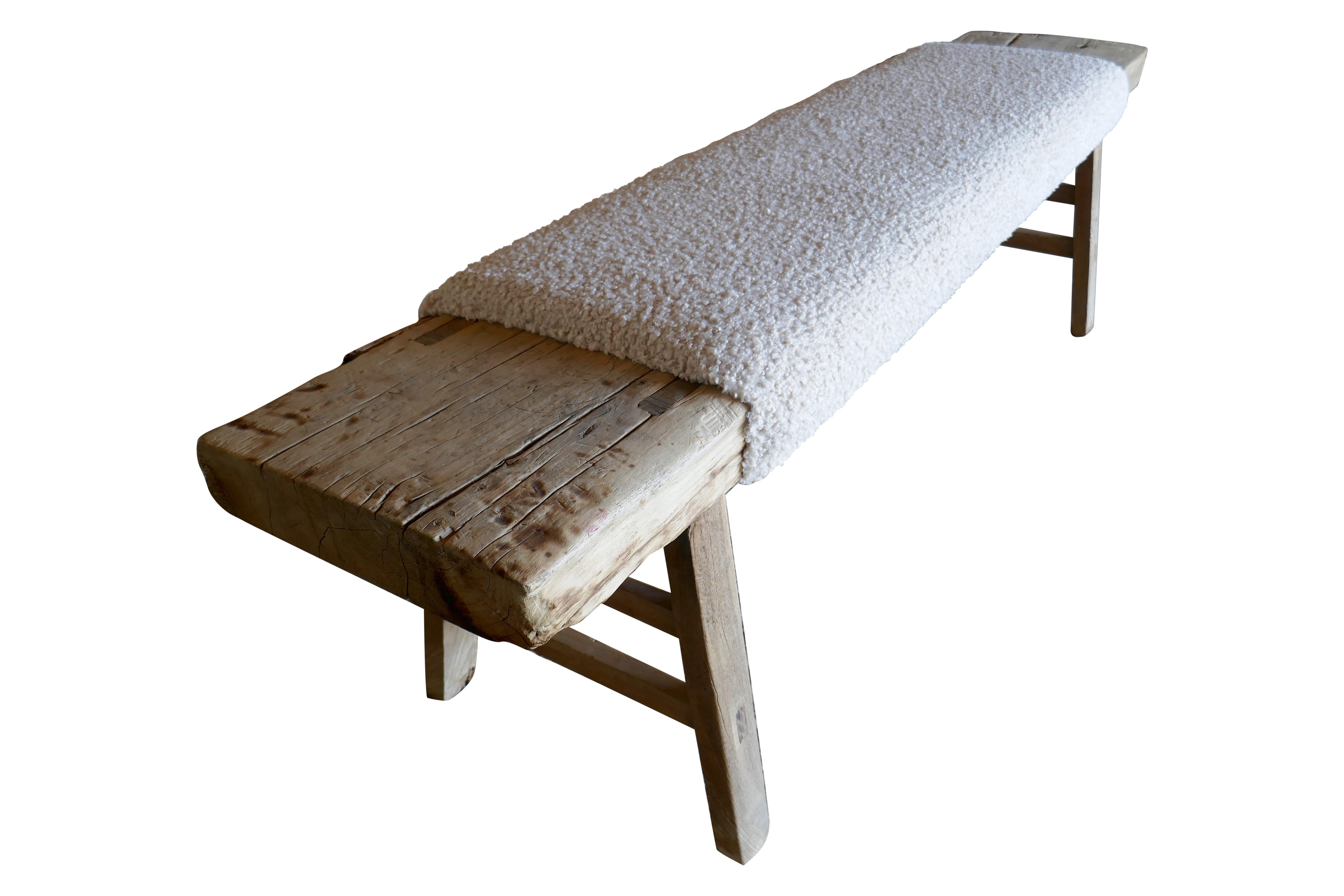 FI Vintage Shandong Elmwood Bench w/ Luxe Cream White Shearling  For Sale 1