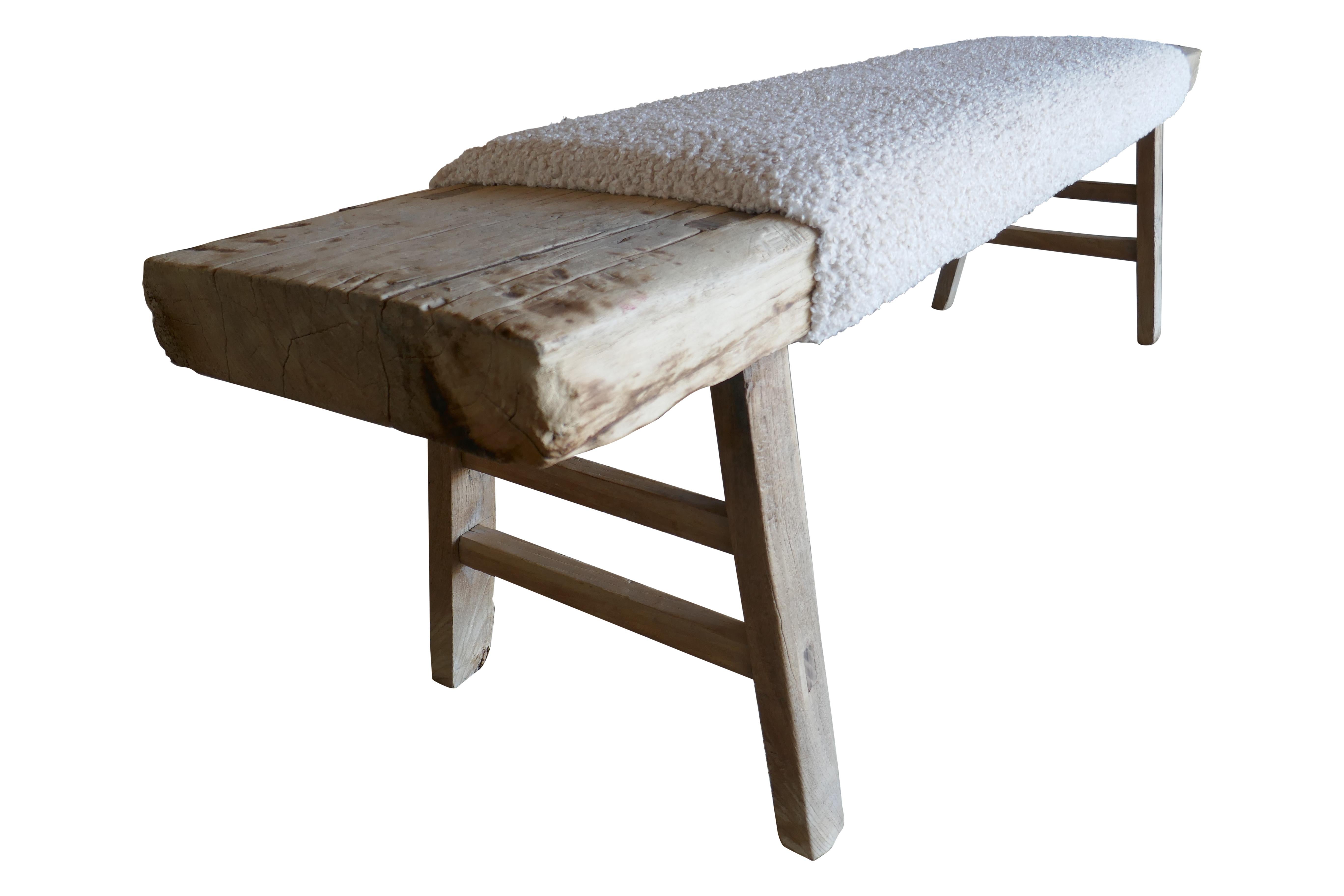 FI Vintage Shandong Elmwood Bench w/ Luxe Cream White Shearling  For Sale 2