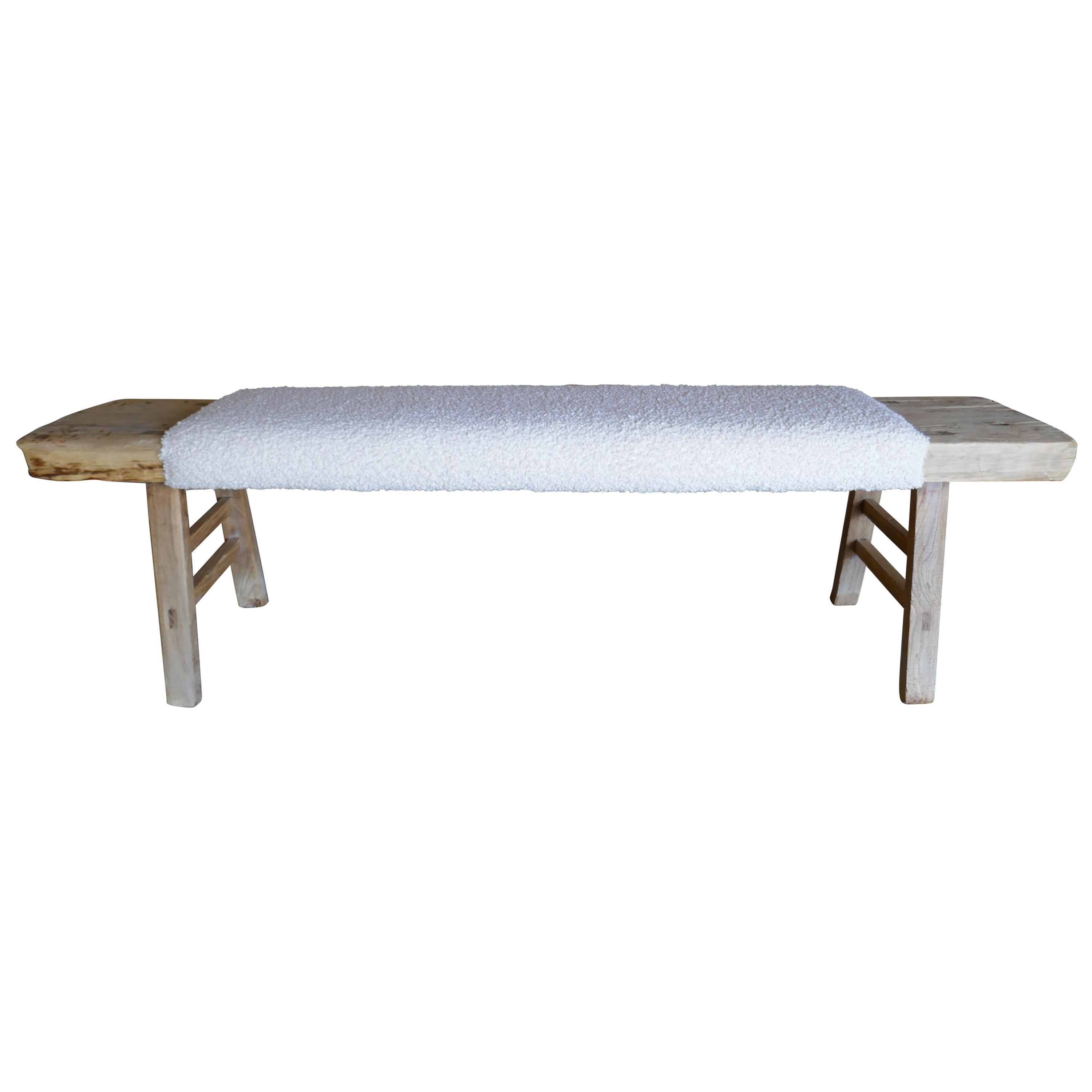 FI Banco vintage de madera de olmo de Shandong con lujosa piel blanca crema