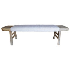FI Banco vintage de madera de olmo de Shandong con lujosa piel blanca crema