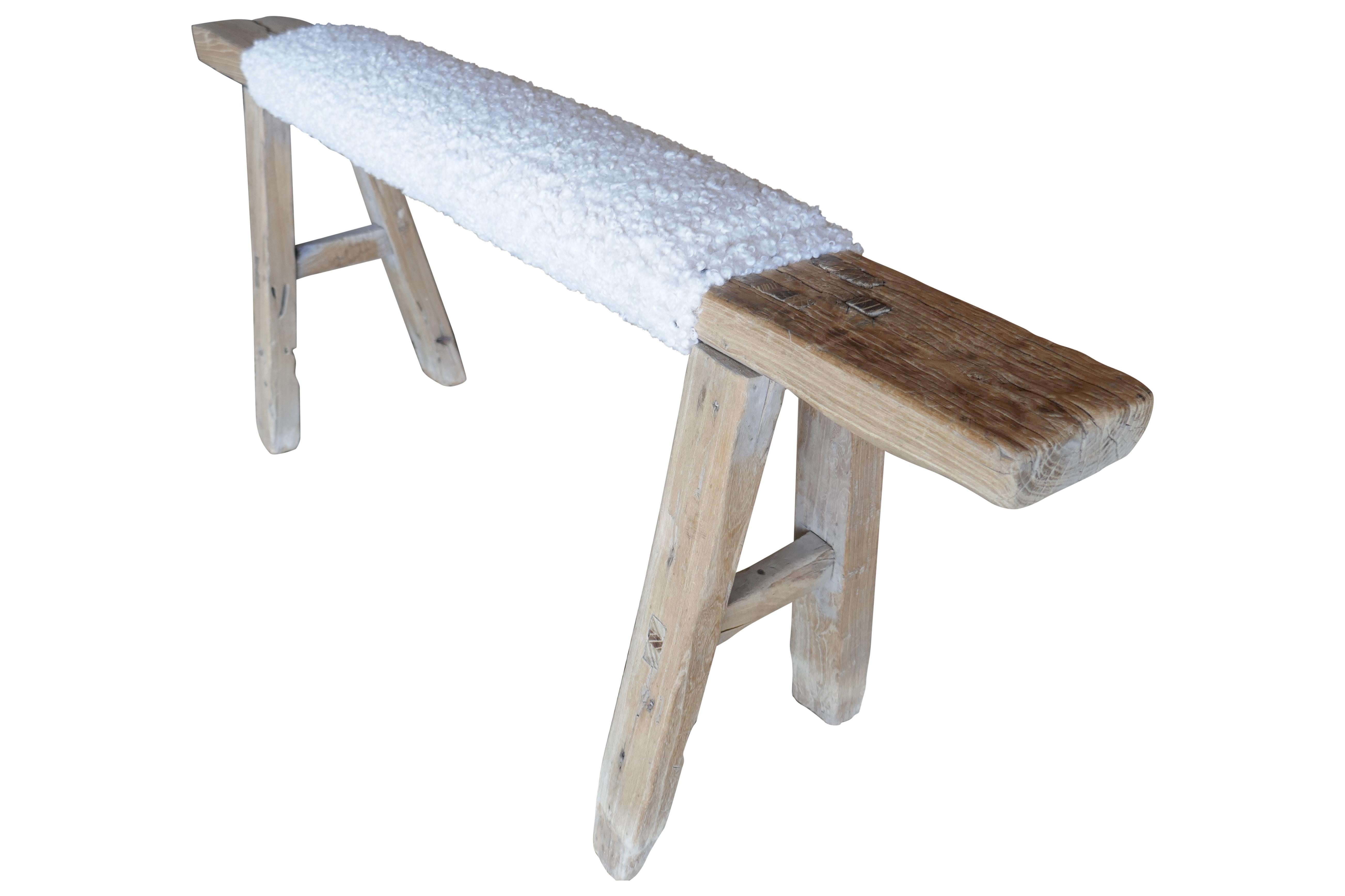 20th Century FI Vintage Shandong Elmwood Bench w/ Ultra Luxe Cream White Shearling For Sale