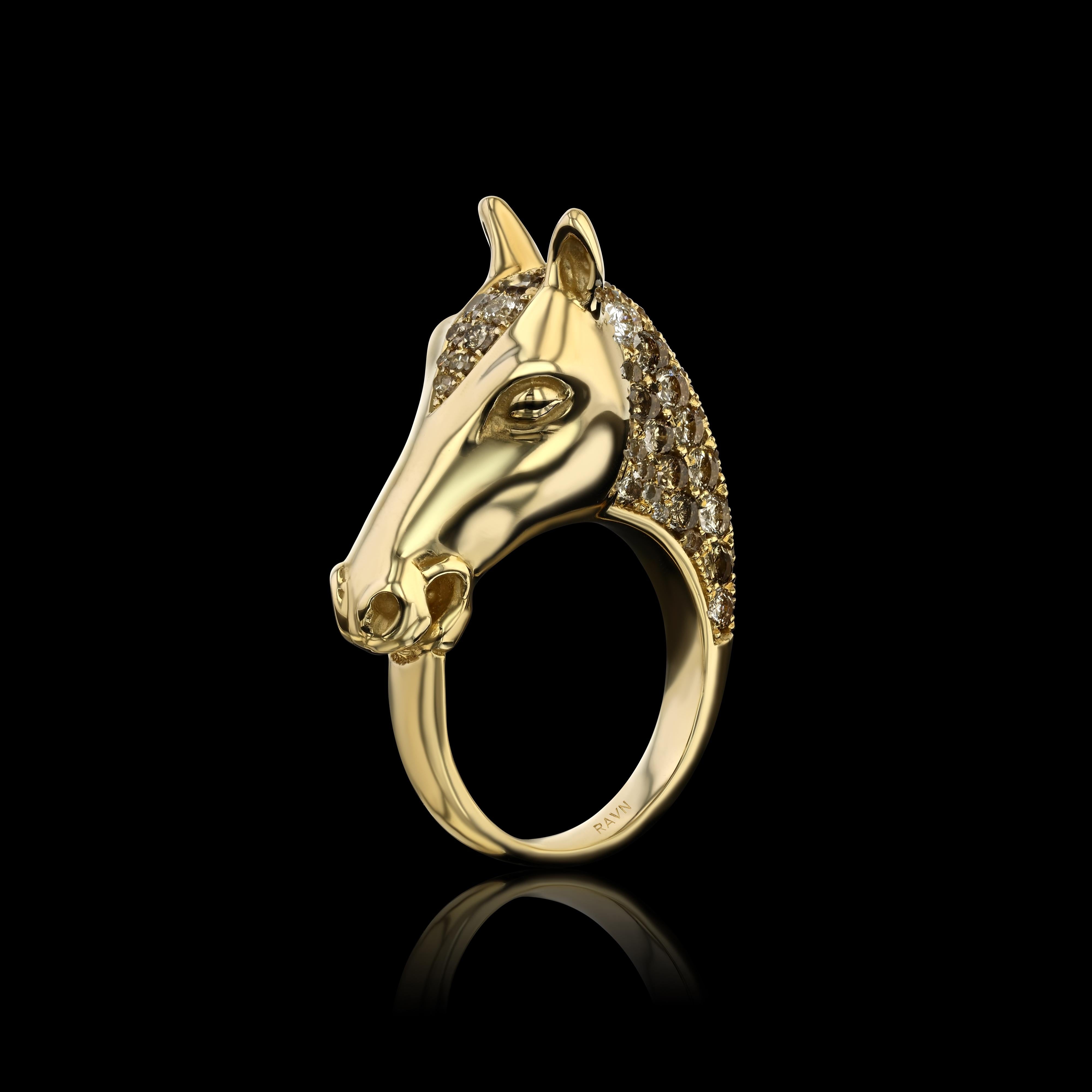 Hand carved, 18k solid yellow gold Fiala ring from the House of RAVN Equine Collection. 

The 2023 version is encrusted in 62 expertly set assorted sized round cut champagne and brown diamonds (3.01ct total) in mosaic setting.

Available in 10k,