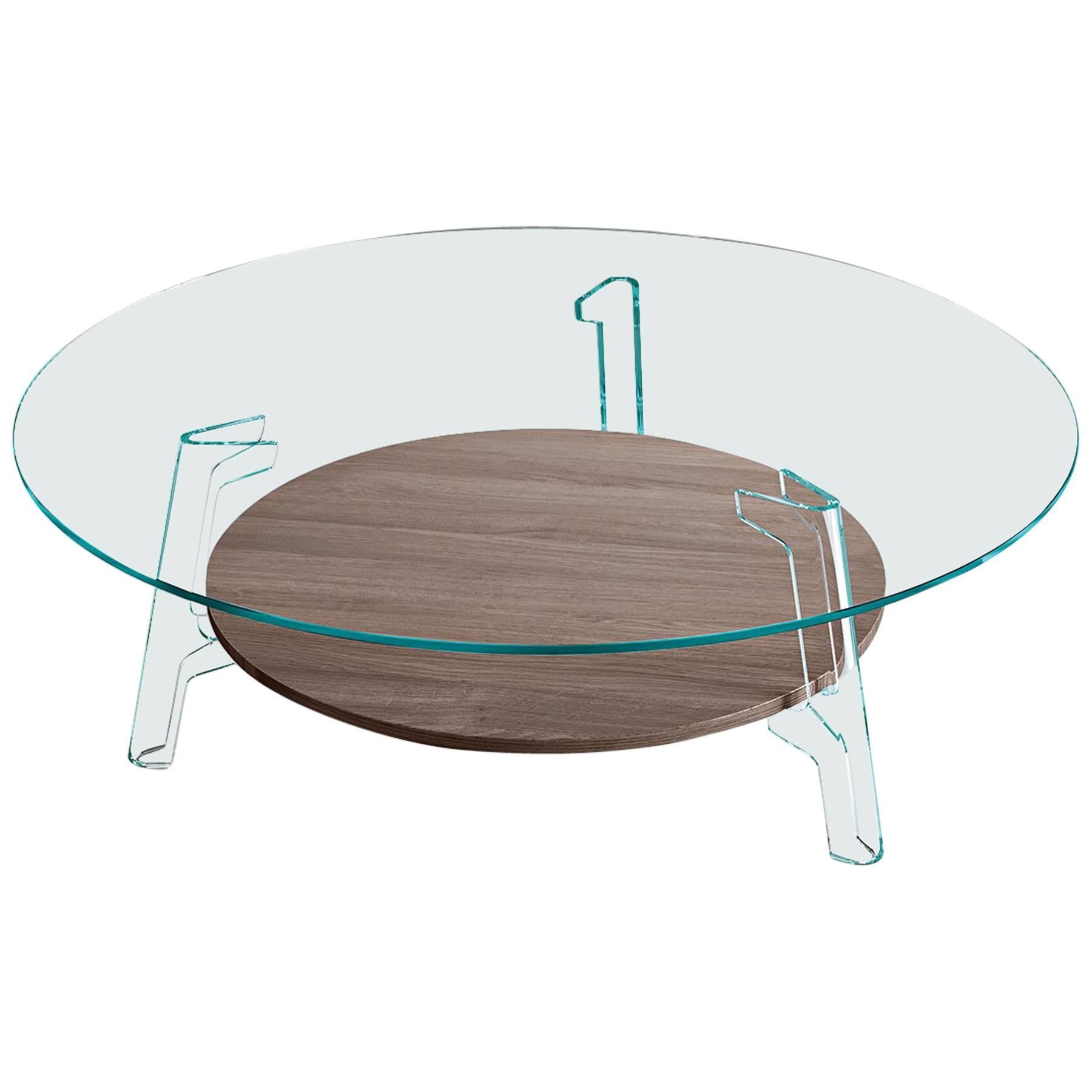 Fiam Flute Glass Coffee Table with Oak Wood Shelf by Paolo Lucidi & Luca Pevere For Sale