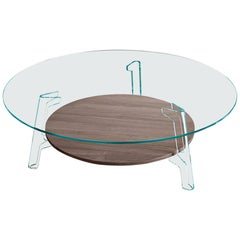 Fiam Flute Glass Coffee Table with Oak Wood Shelf by Paolo Lucidi & Luca Pevere