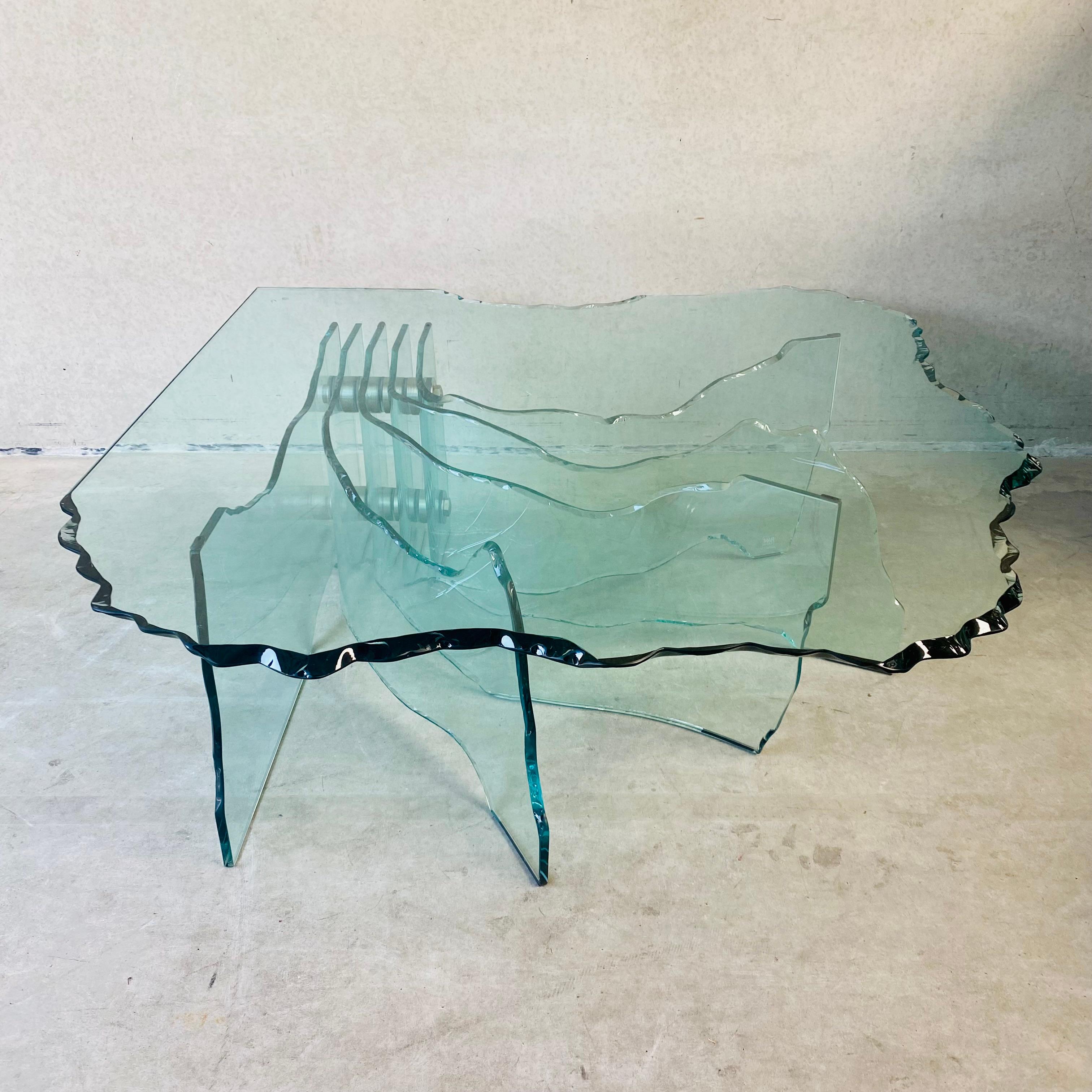Modern Fiam Italia Sculptural Hand Carved Glass Coffee Table by Danny Lane, Italy 1980 For Sale