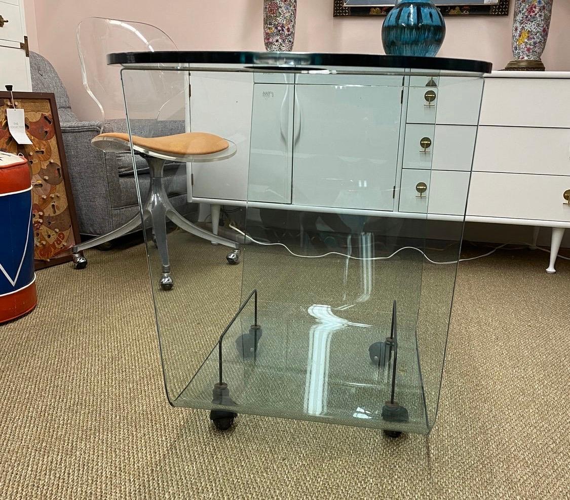 Mid-Century Modern Fiam Italy Midcentury Glass Rolling Barcart Drybar Dry Bar Cart Italia