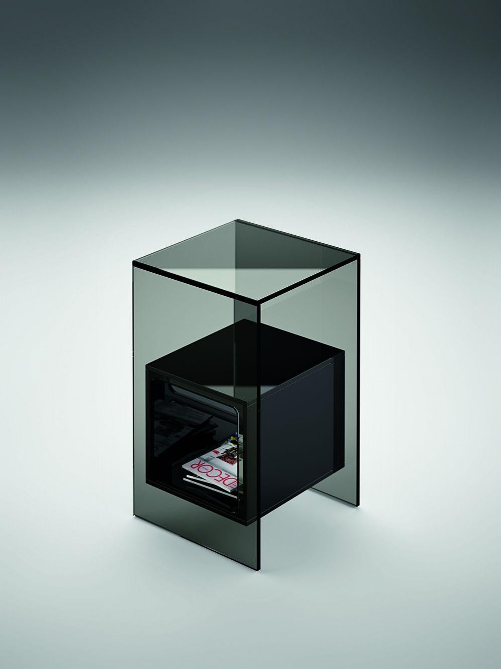 Moderne Table basse Fiam Magique MQ/32GN en verre gris fumé avec cube:: par Studio Klass en vente