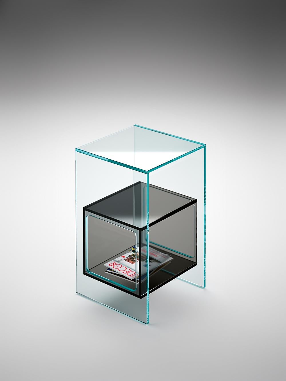 Verre Table basse Fiam Magique MQ/32XBL en verre avec cube bleu, par Studio Klass en vente