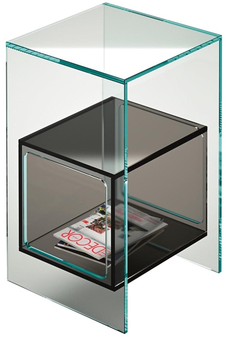 Italian Fiam Magique MQ/32XG Coffee Table in Glass with Smoke Grey Cube, by Studio Klass For Sale