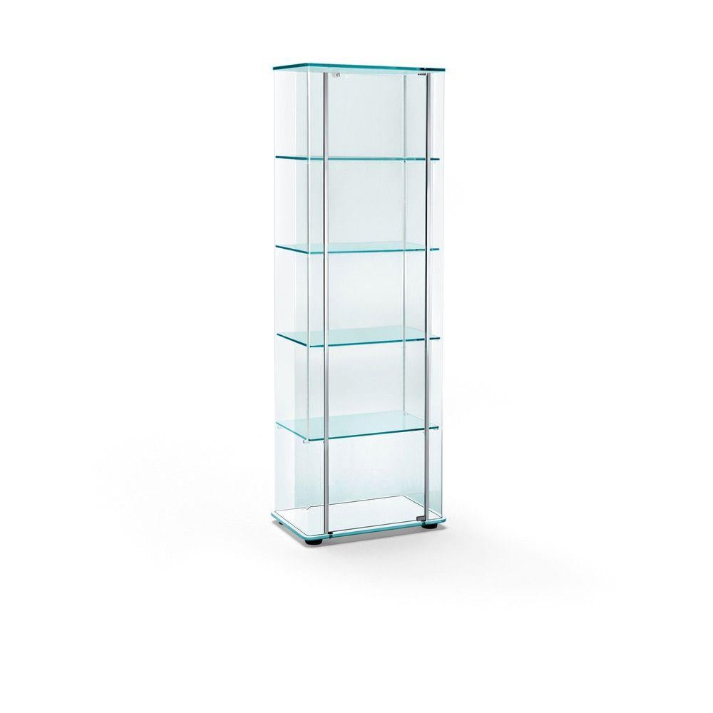 Vitrine en verre transparent bombé de 8 mm d'épaisseur, porte en verre de 6 mm d'épaisseur avec quatre étagères en verre de 8 mm d'épaisseur positionnées au mieux. Base en verre extralight de 12 mm d'épaisseur, laqué blanc ou noir, désargenté ou