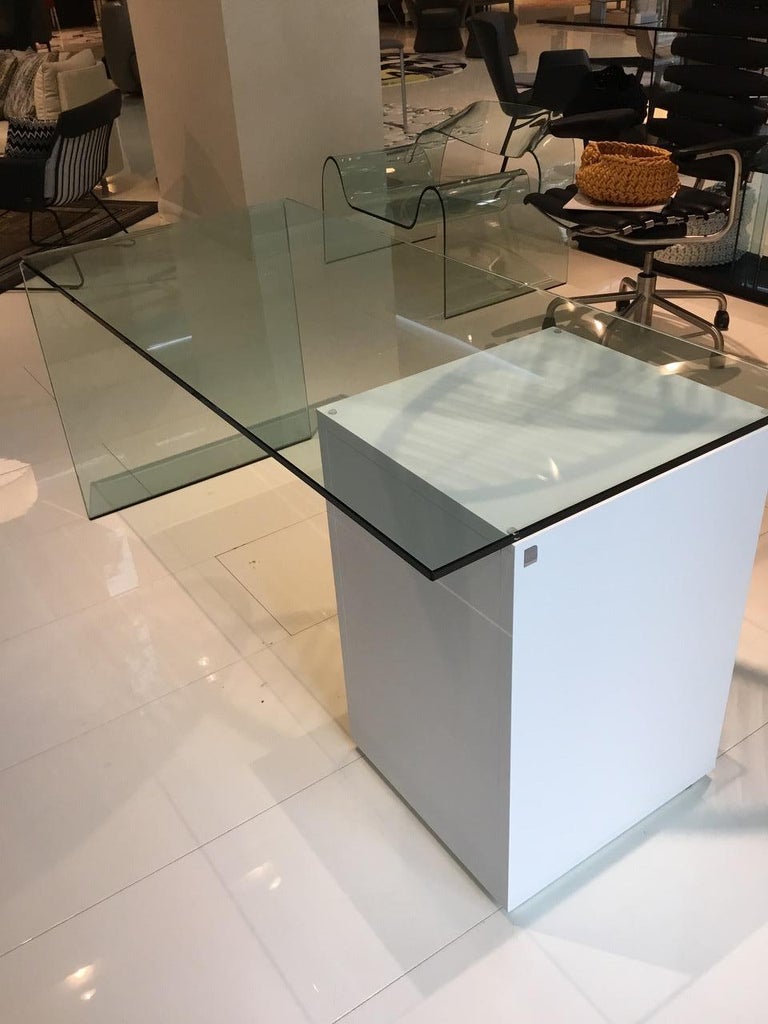 Fiam Rialto L Monolithic Glass Desk with Storage Drawer Unit For Sale