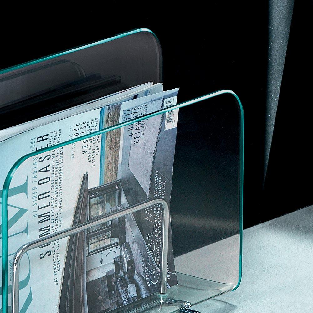 10 mm-thick curved transparent glass magazine rack with steel stand.
 