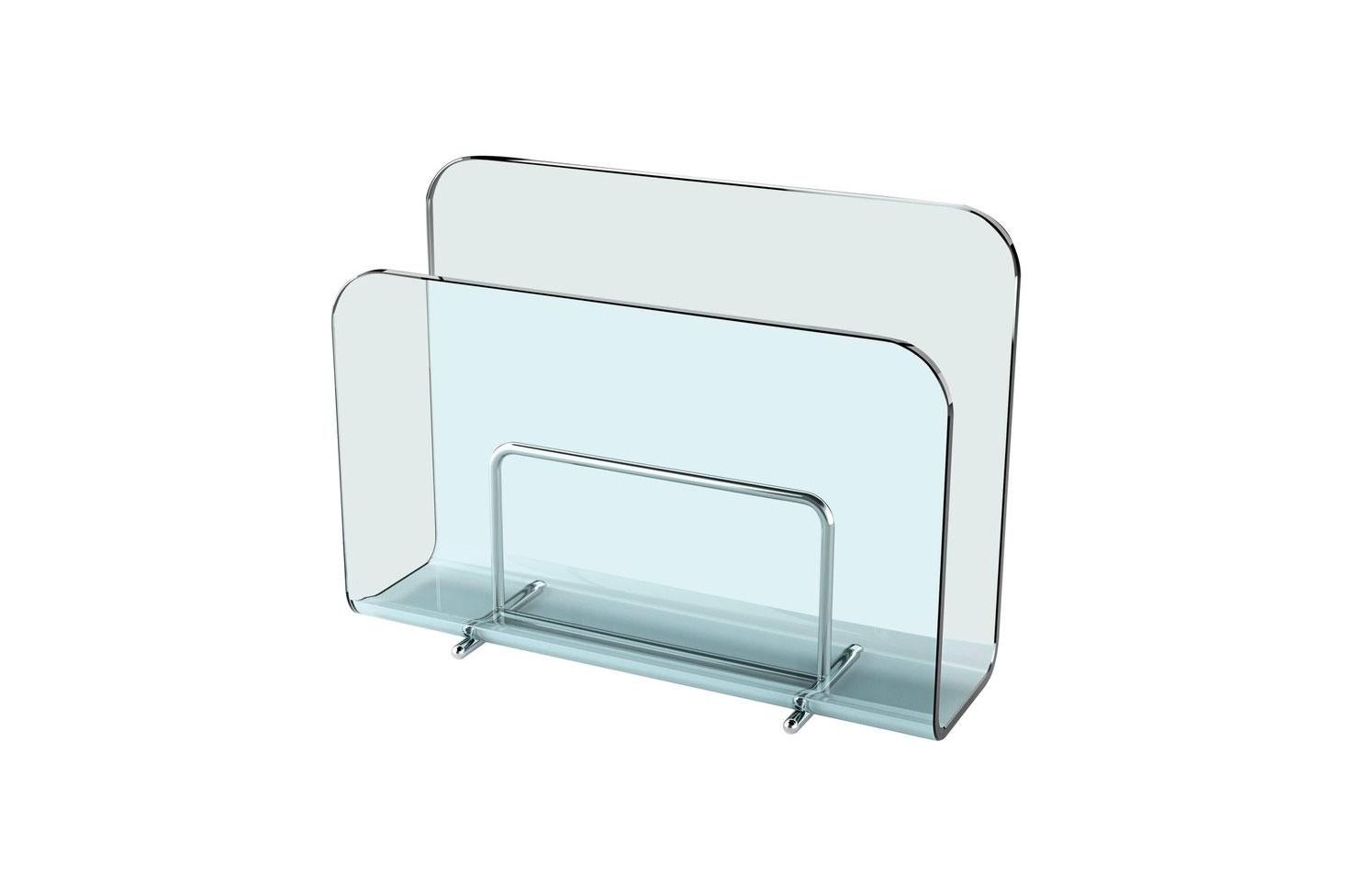 10 mm-thick curved transparent glass magazine rack with steel stand.