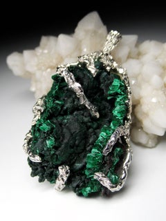 Fiber Malachite Silver Pendant Natural Green Raw Gemstones  Statement Jewelry