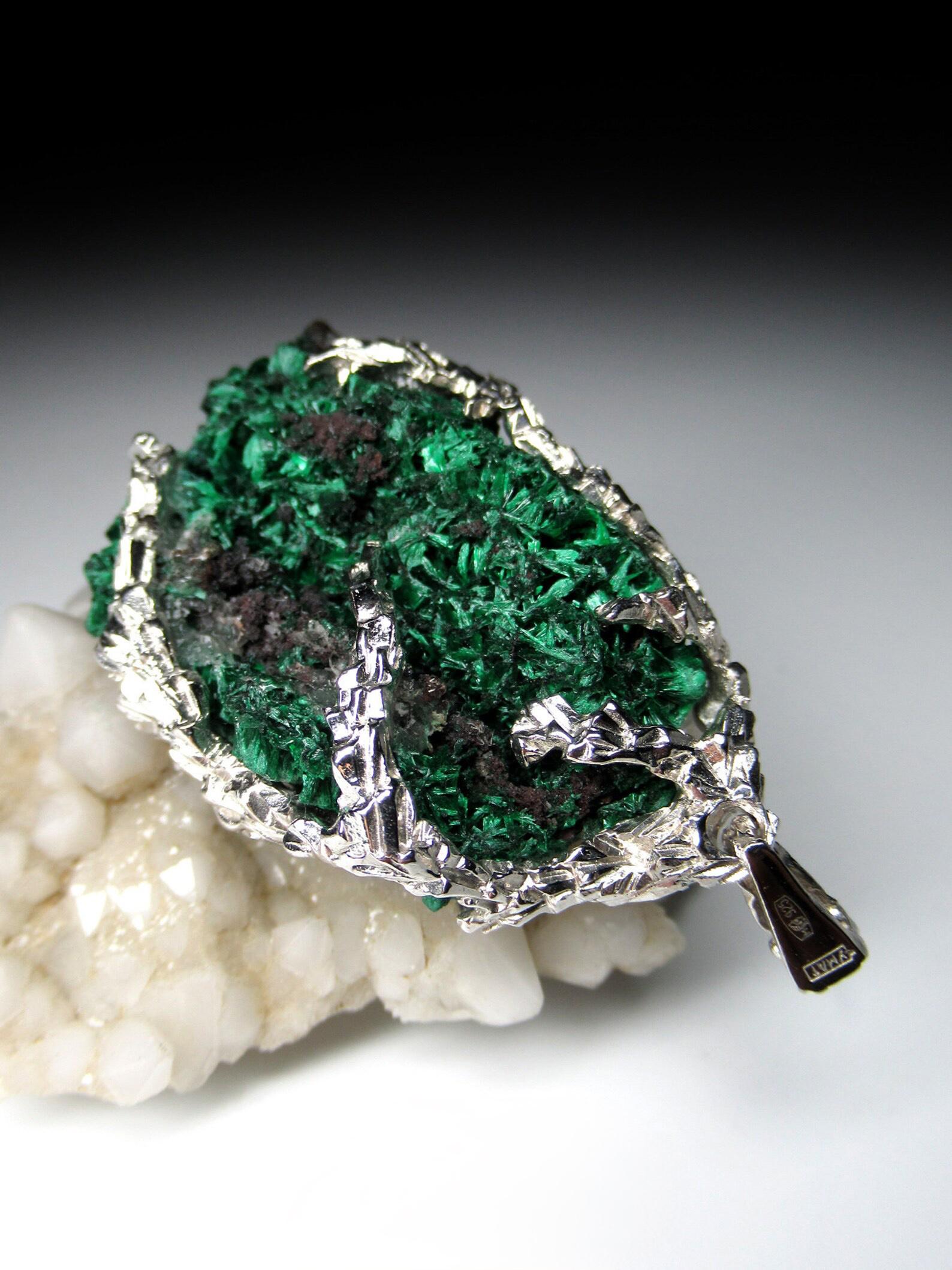 Artisan Fiber Malachite Silver Pendant Natural Green Raw Gemstones  Statement Jewelry  For Sale