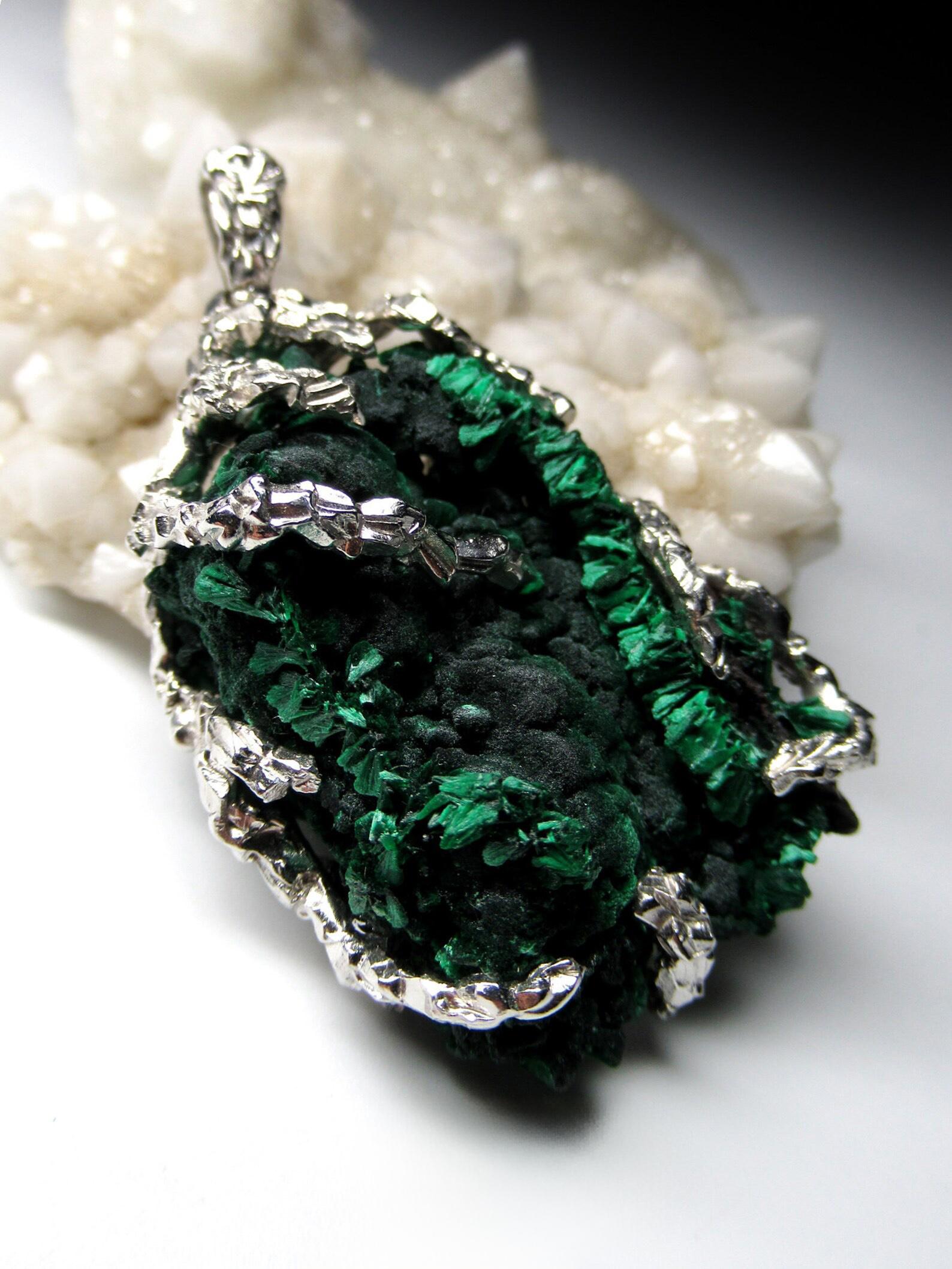 Fiber Malachite Silver Pendant Natural Green Raw Gemstones  Statement Jewelry  For Sale 1