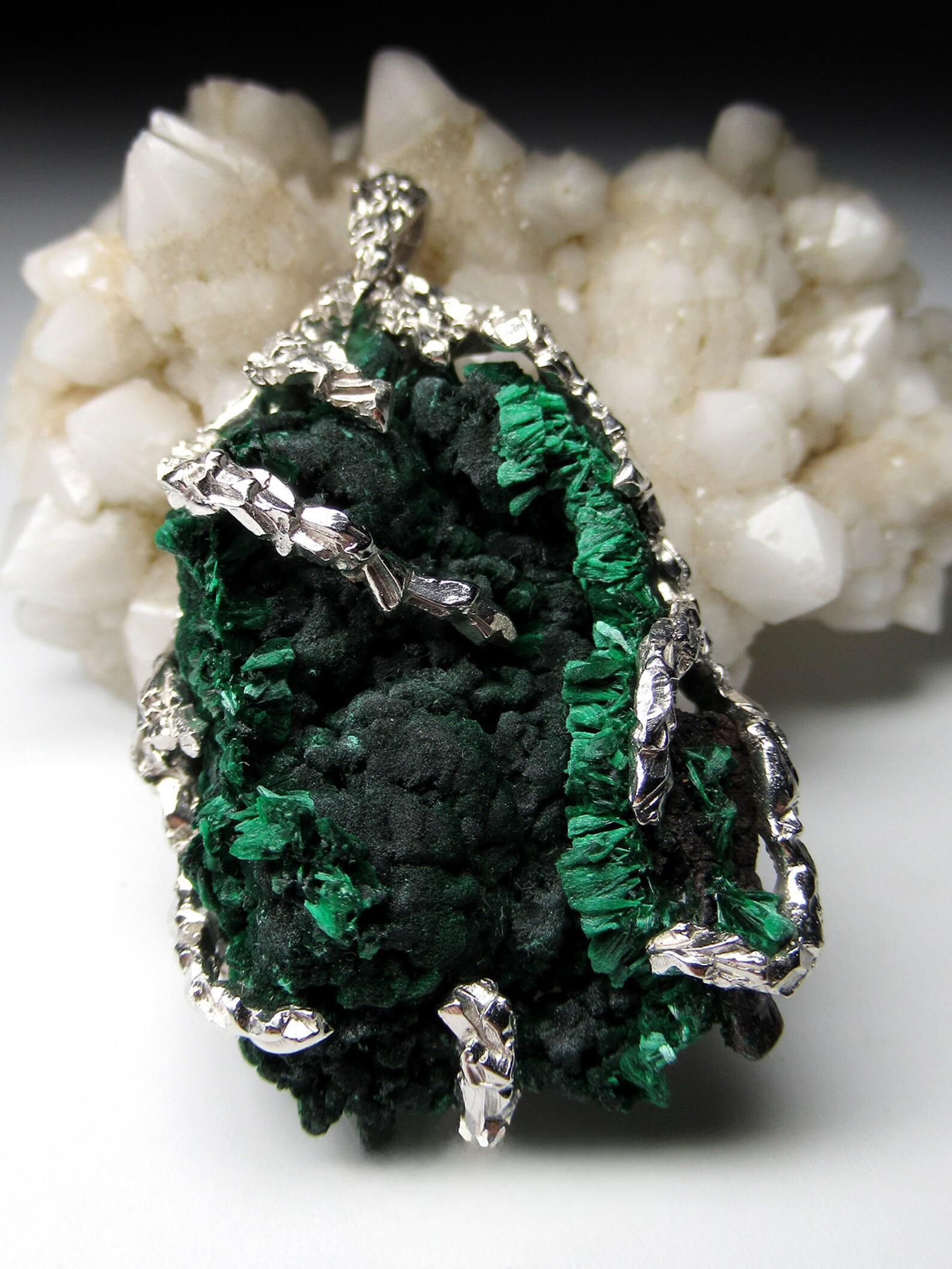 Women's or Men's Fiber Malachite Silver Pendant Natural Green Raw Gemstones  Statement Jewelry  For Sale