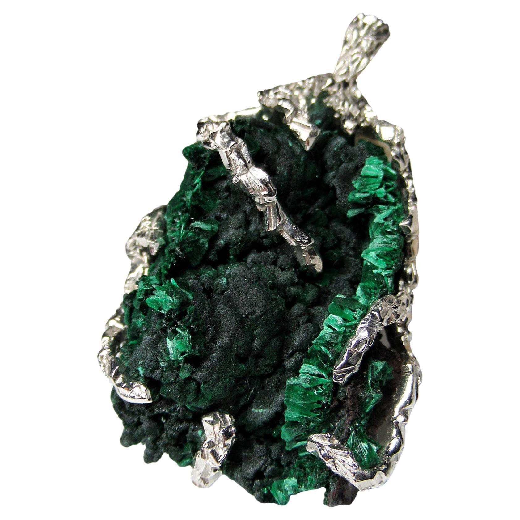 Fiber Malachite Silver Pendant Natural Green Raw Gemstones  Statement Jewelry  For Sale
