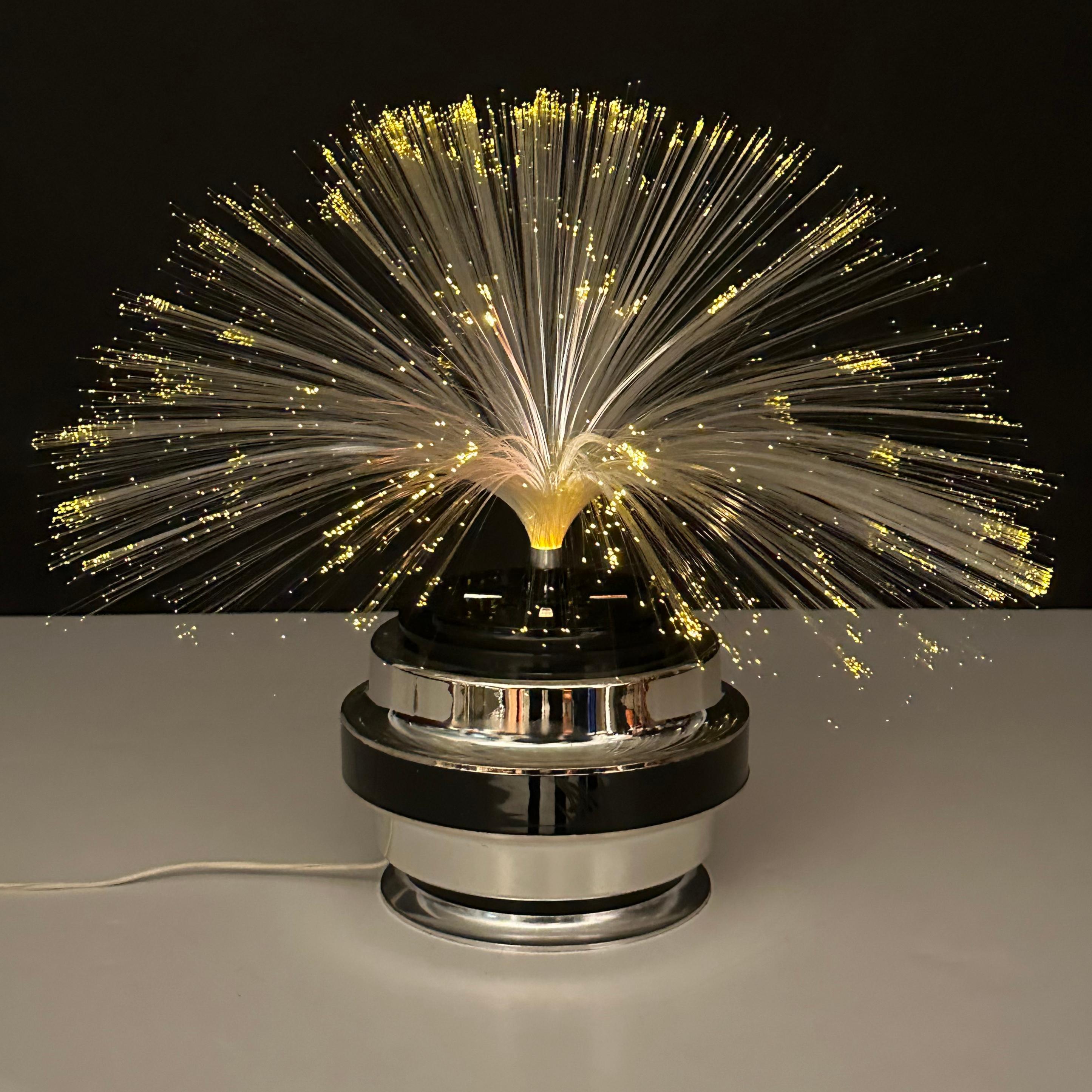 Fiber Optic and Chrome Round Table Lamp by Cima International, Italy 1970s For Sale 1