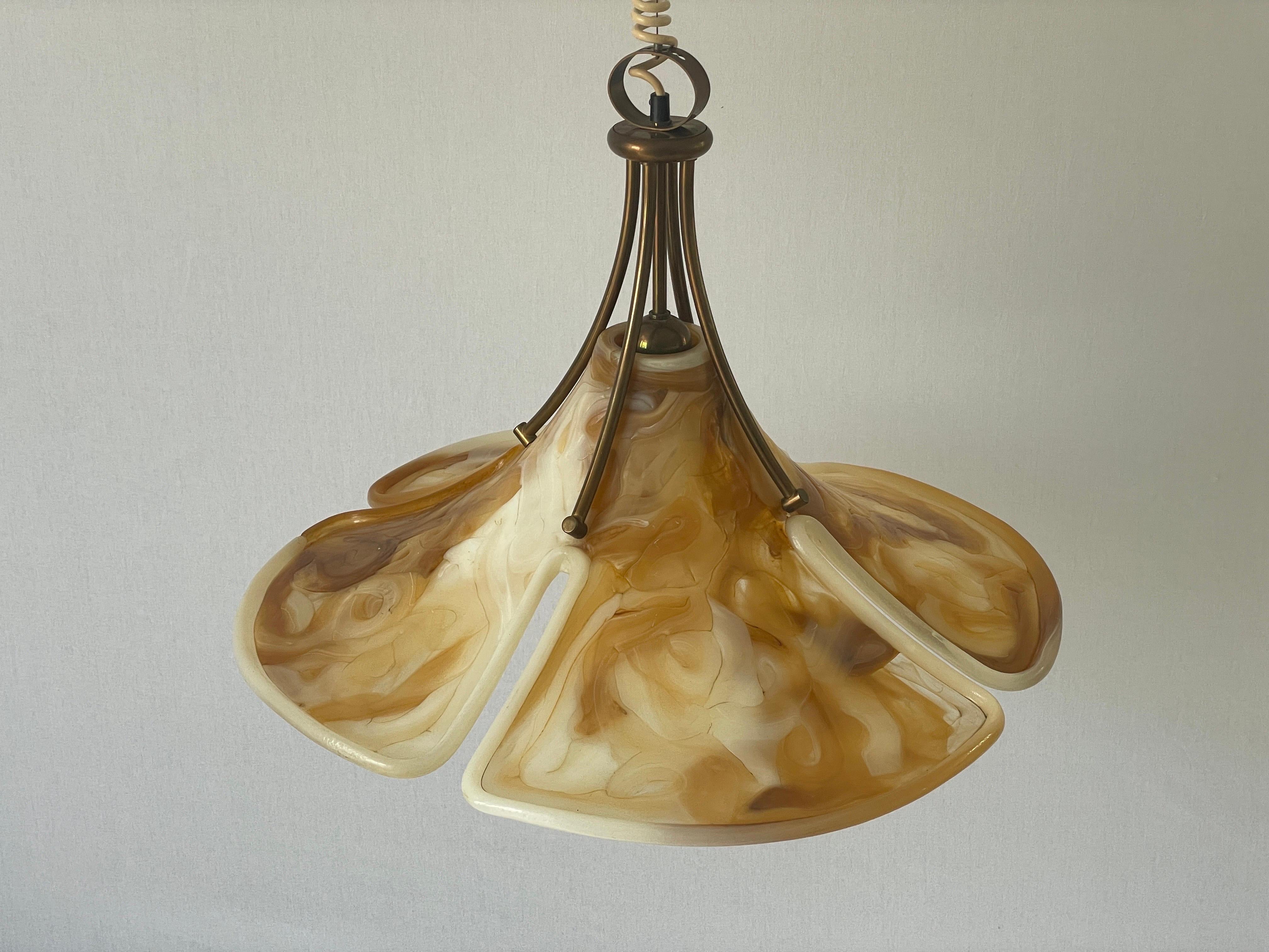 Fiberglass and Brass Large Pendant Lamp by Cosack, 1960s, Germany

Lampshade is in very good vintage condition.

This lamp works with E27 light bulbs. 
Wired and suitable to use with 220V and 110V for all countries.

Measurements:
Height: 100