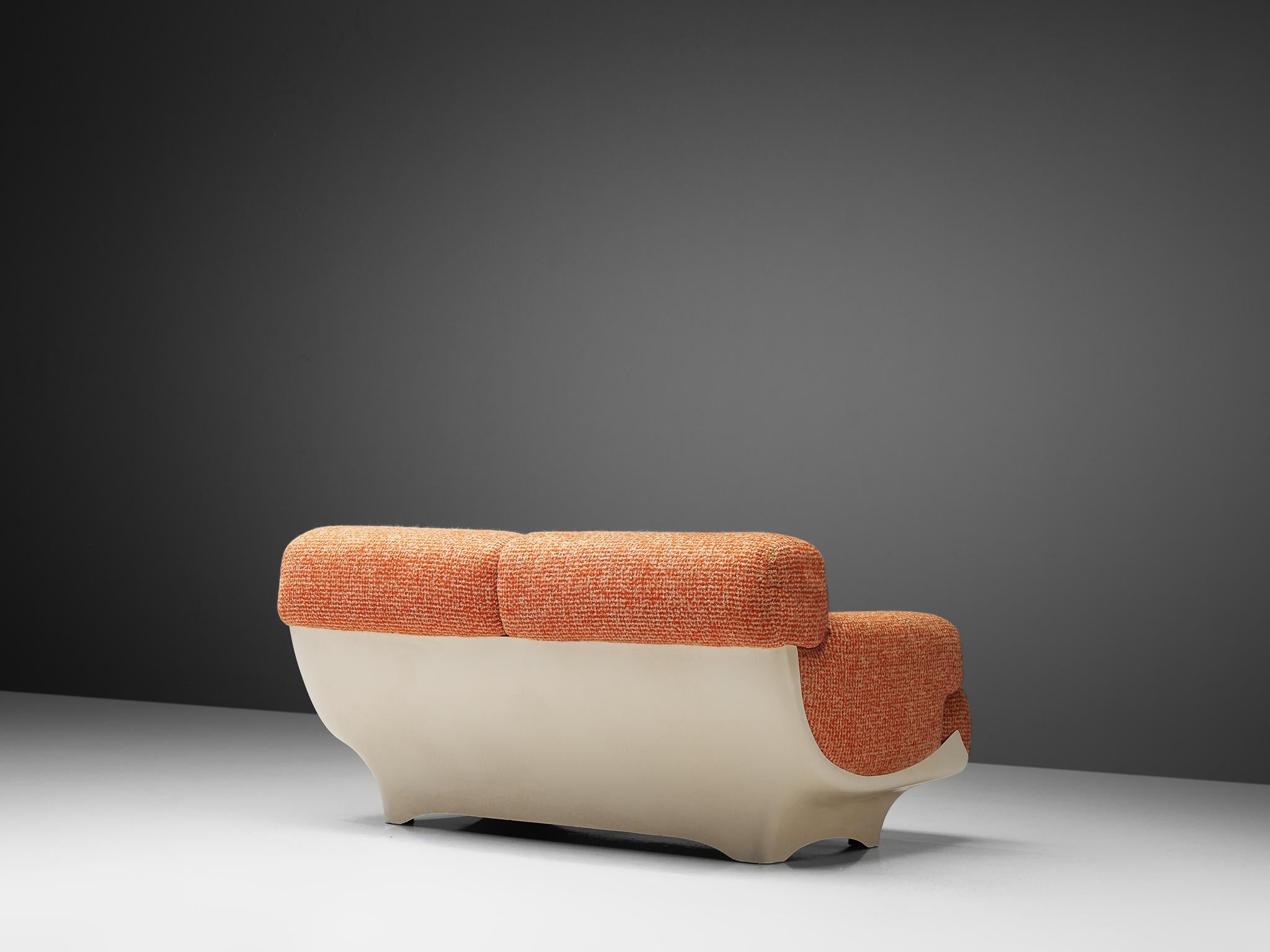 Sofa, fiberglass, fabric, France, 1970s 

This design truly resembles the ethos of the seventies – a bright and bold era – featuring the commonly used material of that time named fiberglass. The designer focused on the creation of a sofa that