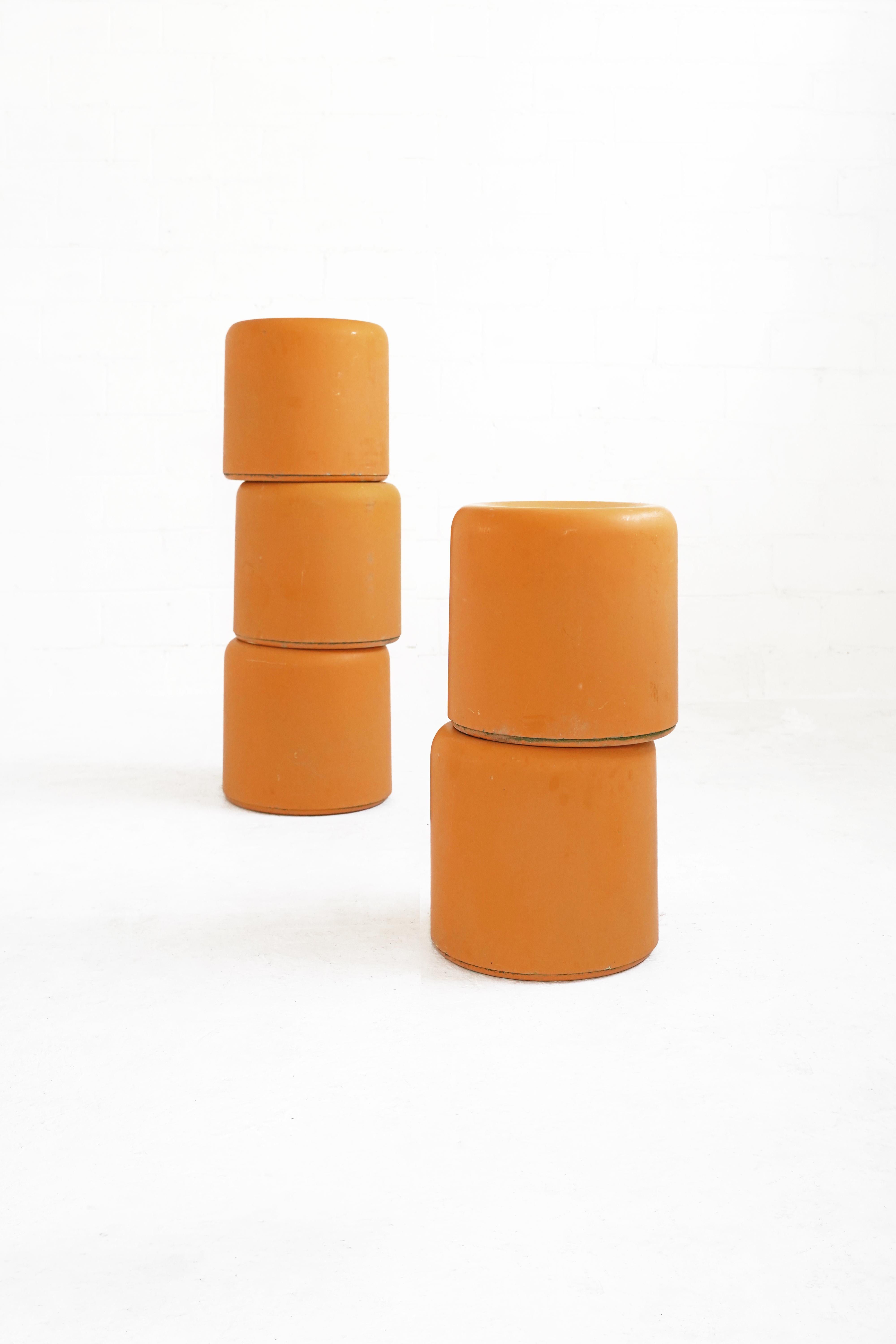 Amazing bright orange-yellow fiberglass stools, 5 available - priced per stool. All stools vary in condition, but all are overall in good vintage condition with minor wear, consistent with age.