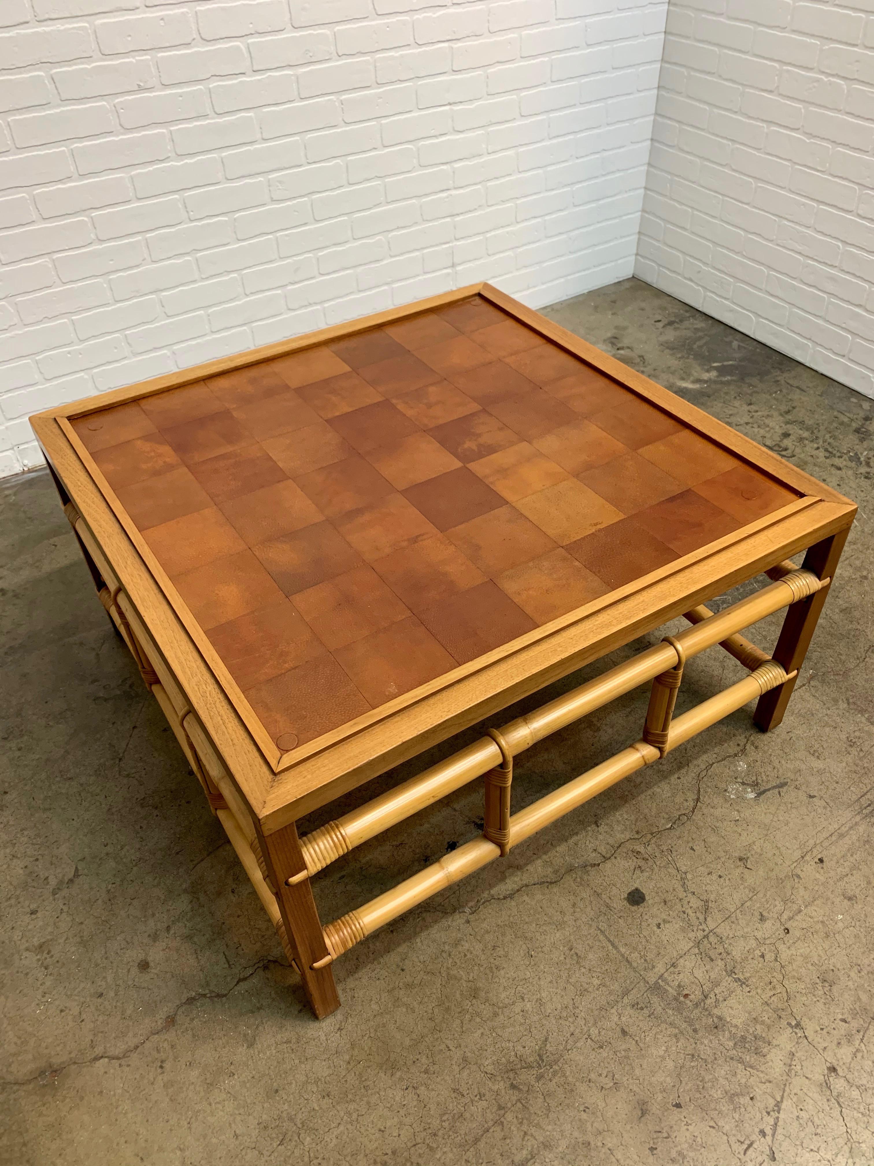 20th Century Fickes Reed Coffee Table with Patchwork Leather Top