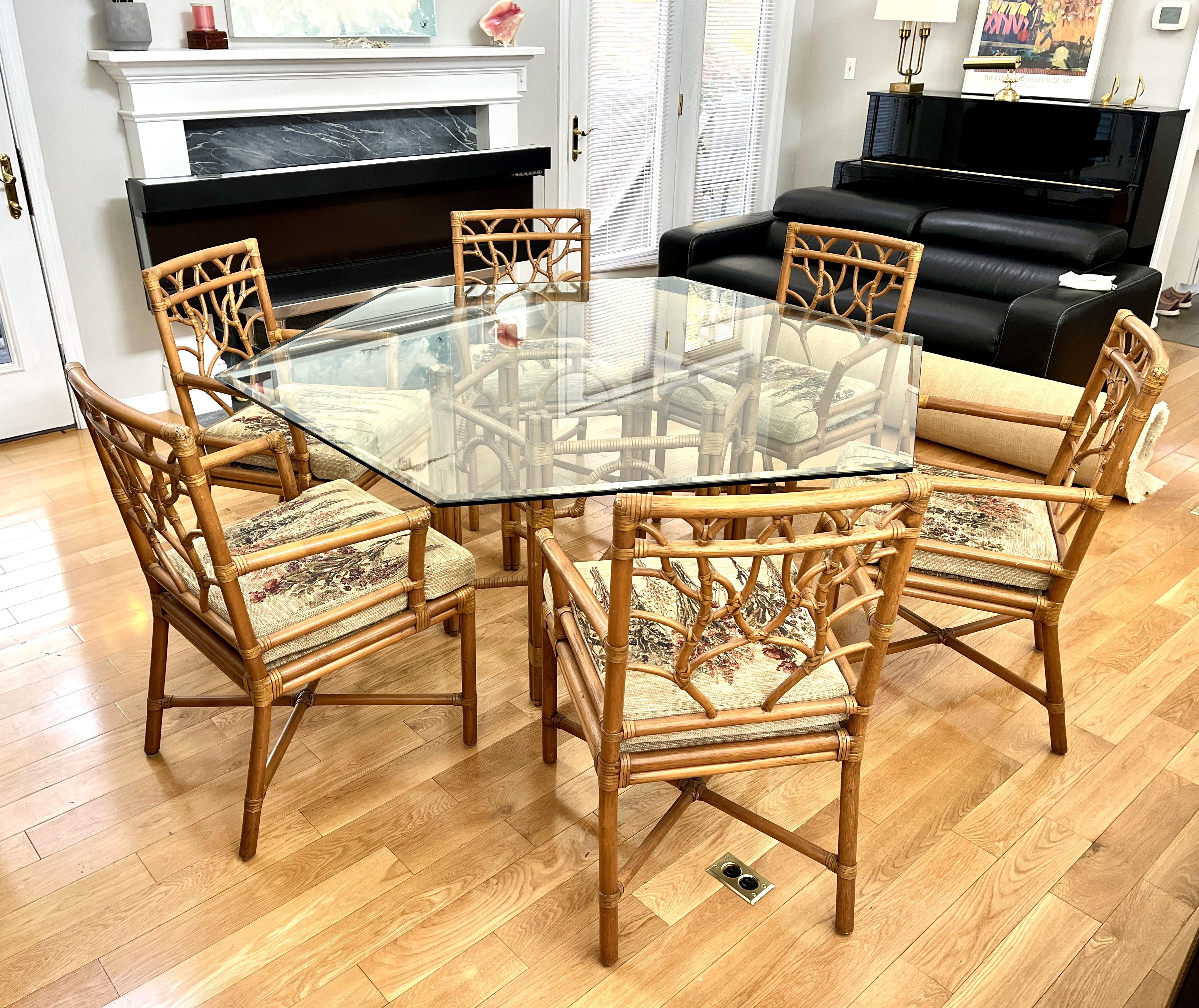 American Ficks Reed Bamboo Dining Table with Beveled Glass Hexagon Top & Six Armchairs For Sale