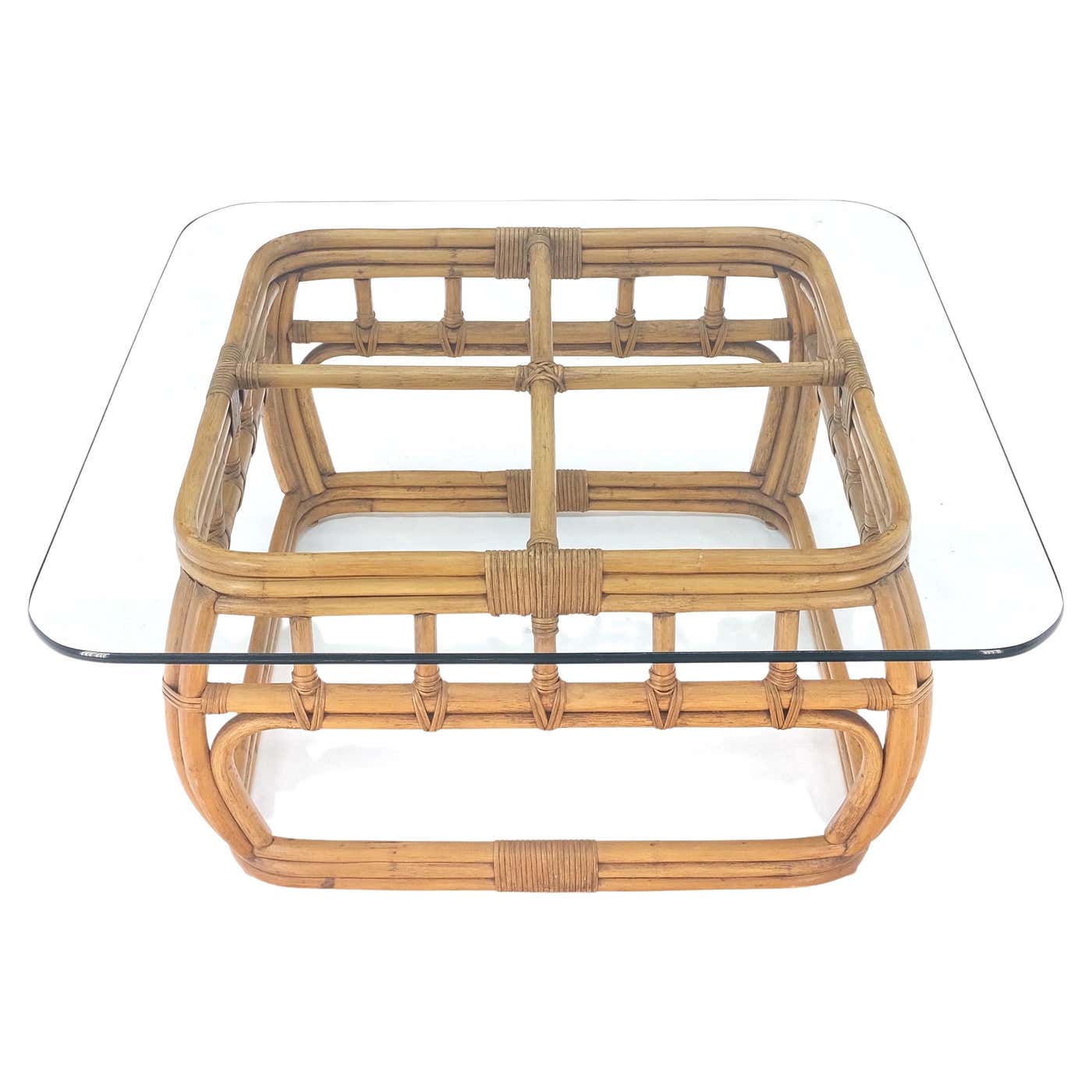 Ficks Reed Bamboo and Reed Square Glass Top Coffee Table c.1970s Mint ...
