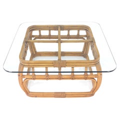 A.I C C. Table basse carrée à plateau de verre en bambou et roseau c.1970 Mint !