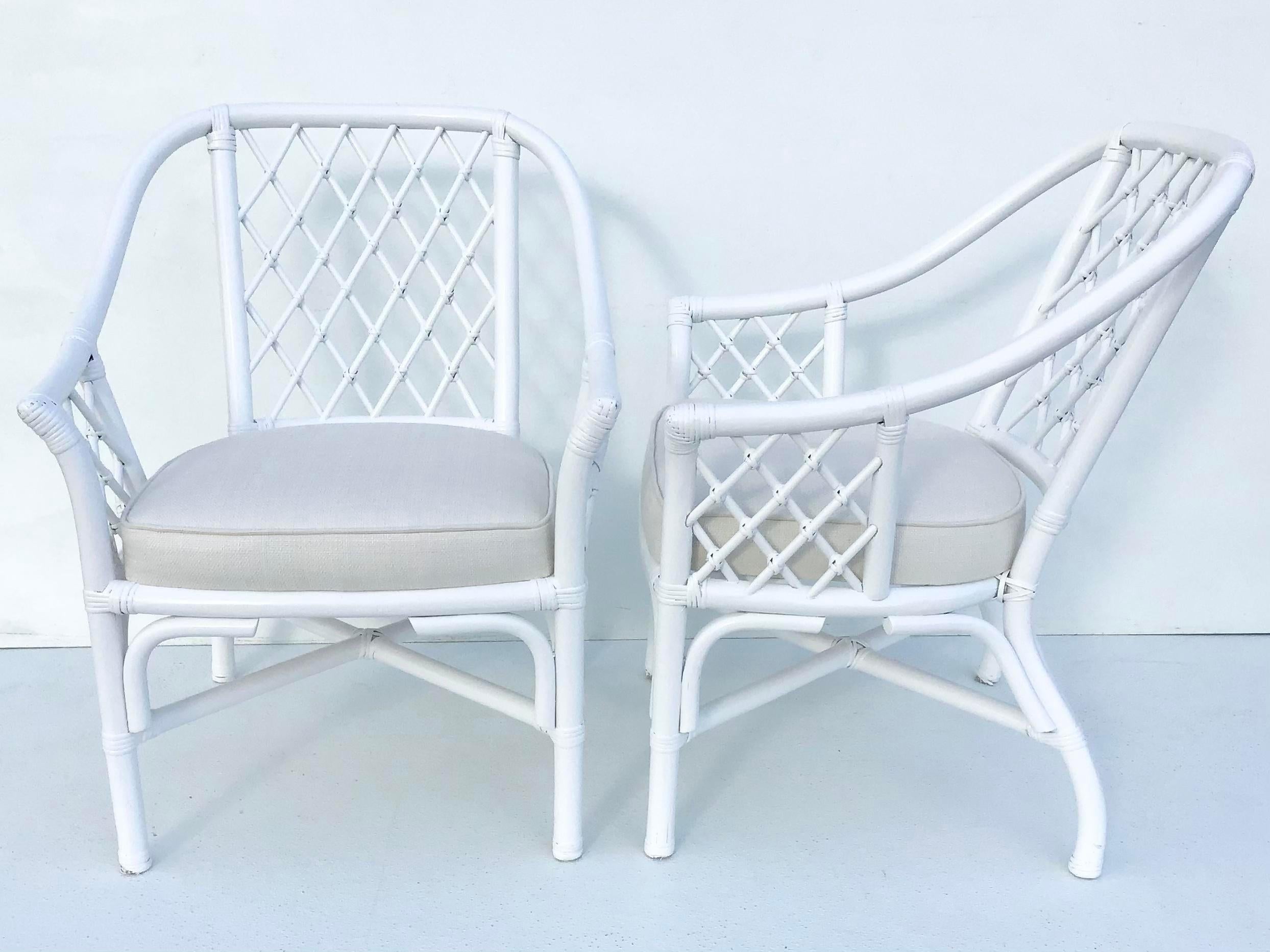 Ficks Reed Barrel Chairs in White Lacquer and Todd Hase Textiles, a Pair In Good Condition For Sale In Los Angeles, CA
