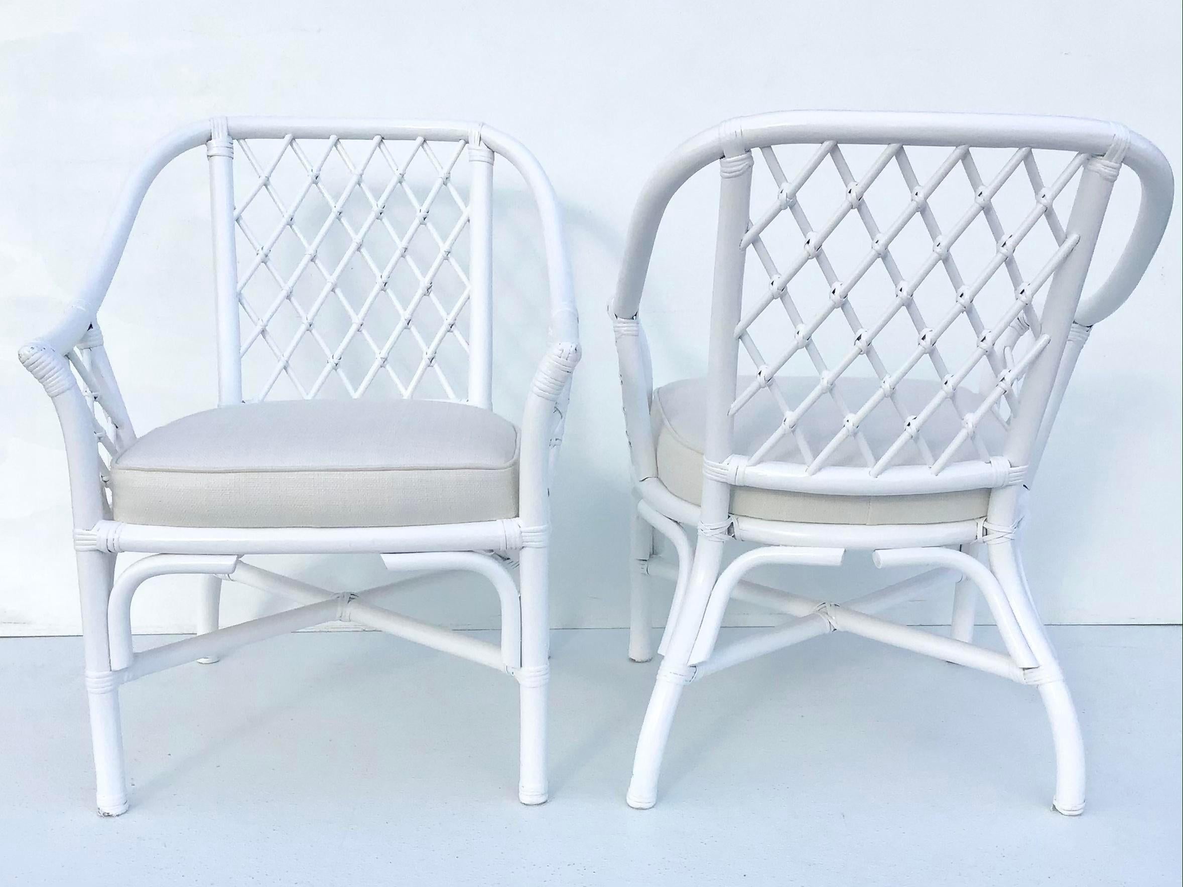 Mid-20th Century Ficks Reed Barrel Chairs in White Lacquer and Todd Hase Textiles, a Pair For Sale