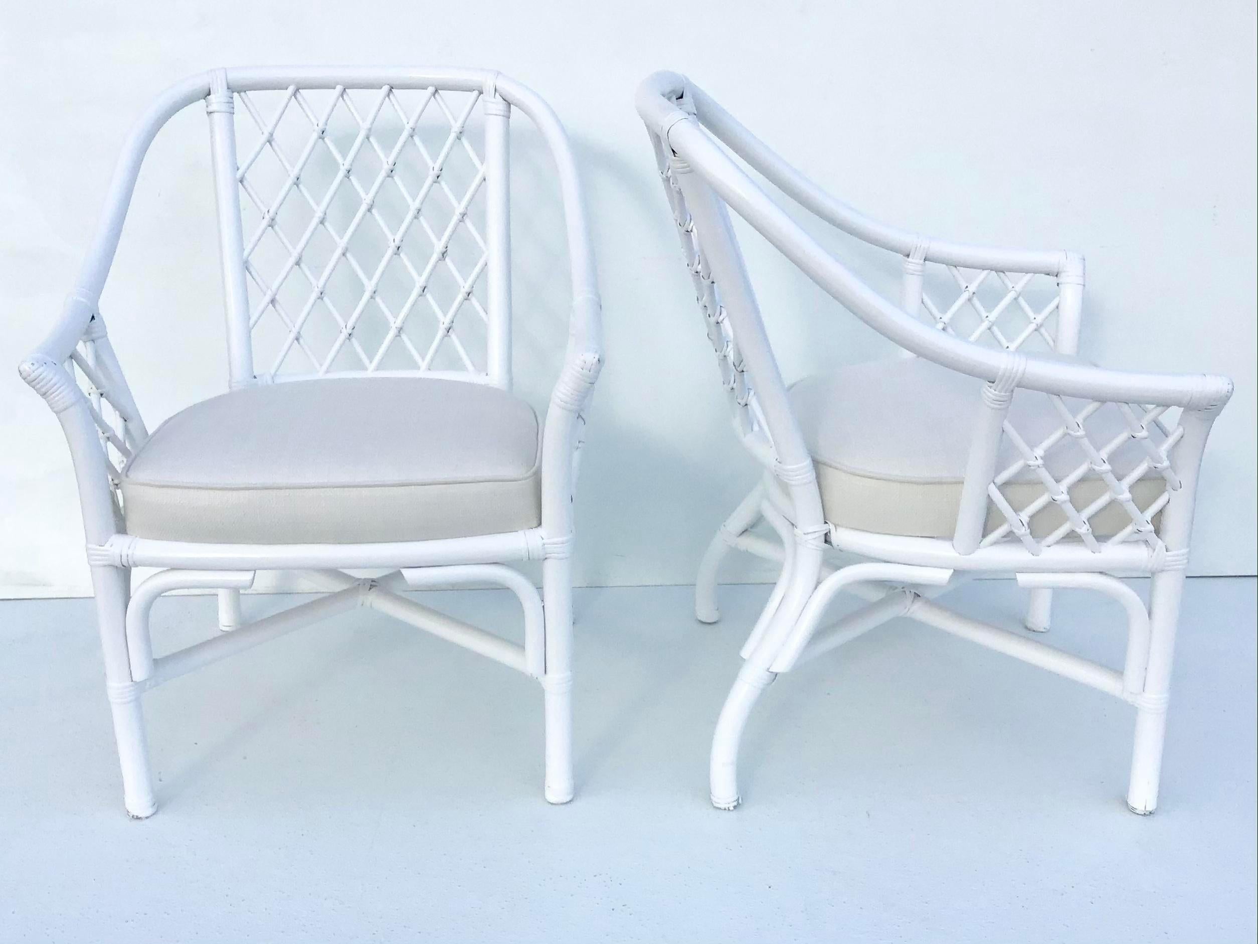 Rattan Ficks Reed Barrel Chairs in White Lacquer and Todd Hase Textiles, a Pair For Sale
