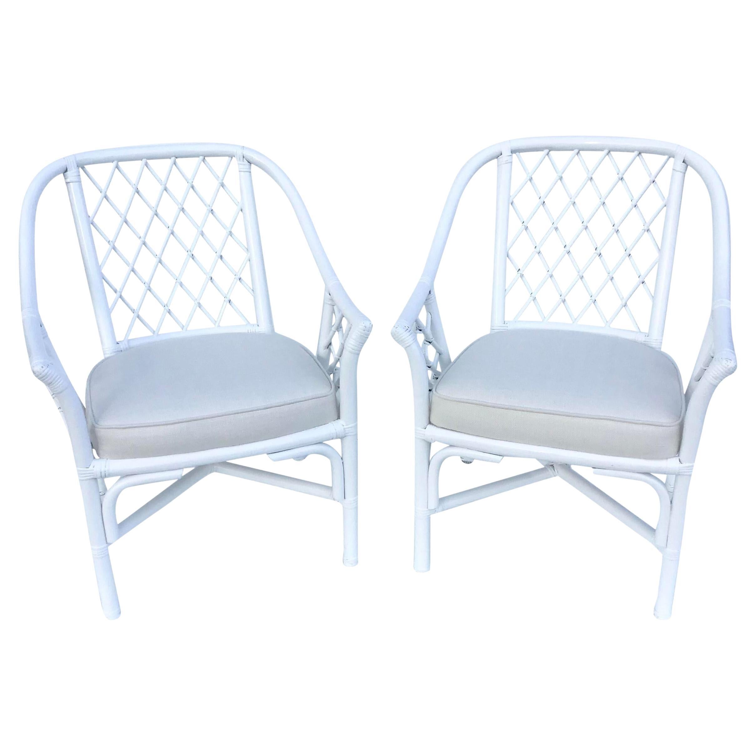 Ficks Reed Barrel Chairs in White Lacquer and Todd Hase Textiles, a Pair For Sale
