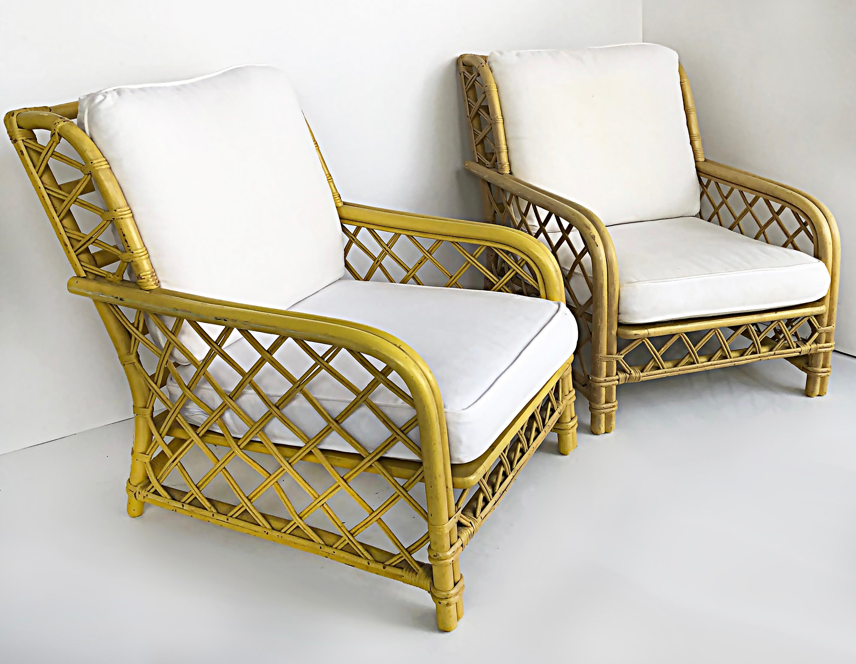 Organic Modern Ficks Reed Bent / Woven Rattan Upholstered Lounge Chairs, Pair