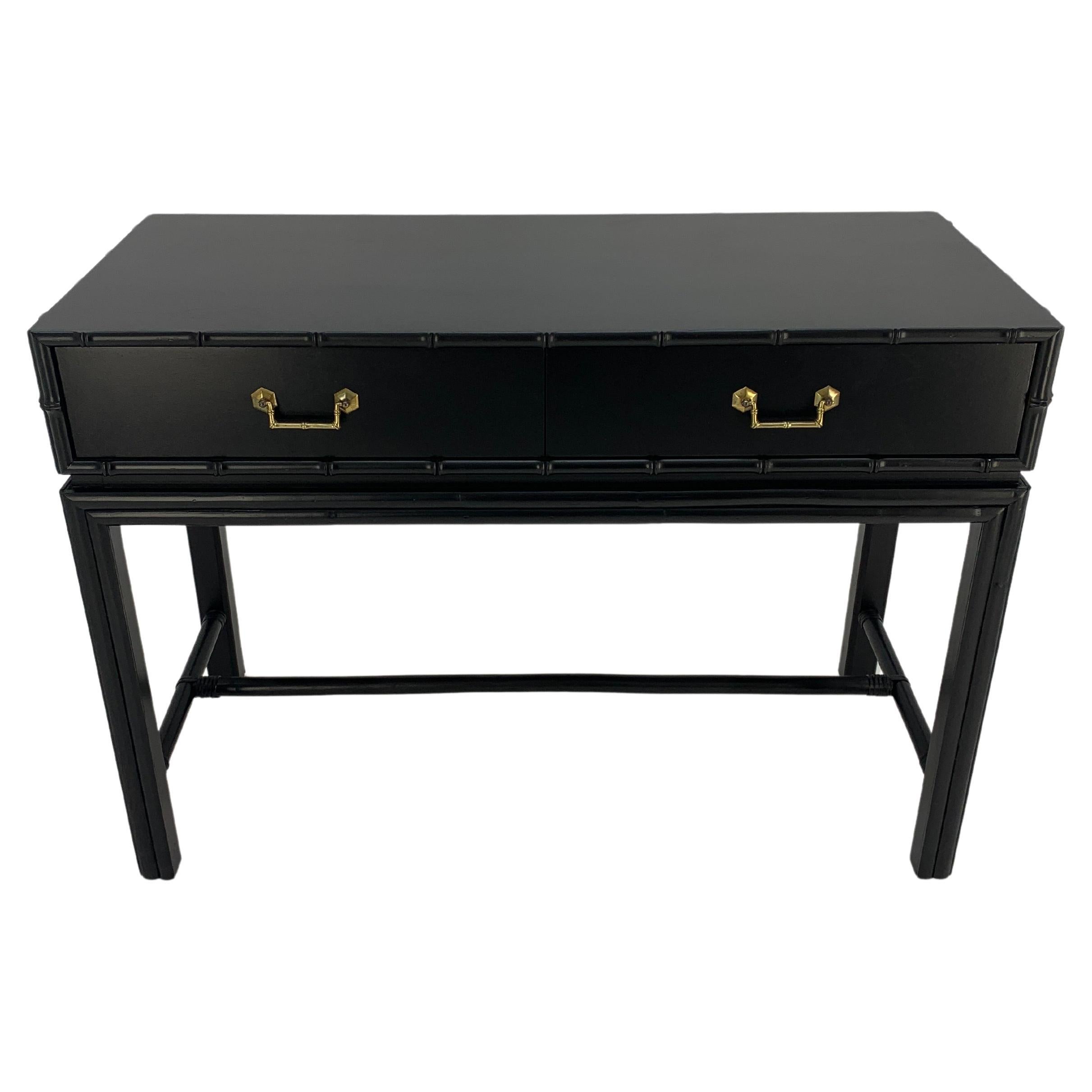 Ficks Reed Black Lacquer Faux Bamboo Solid Brass Pulls Two Drawer Console Hall Table Small Desk MINT!
Inspected mint vintage condition.