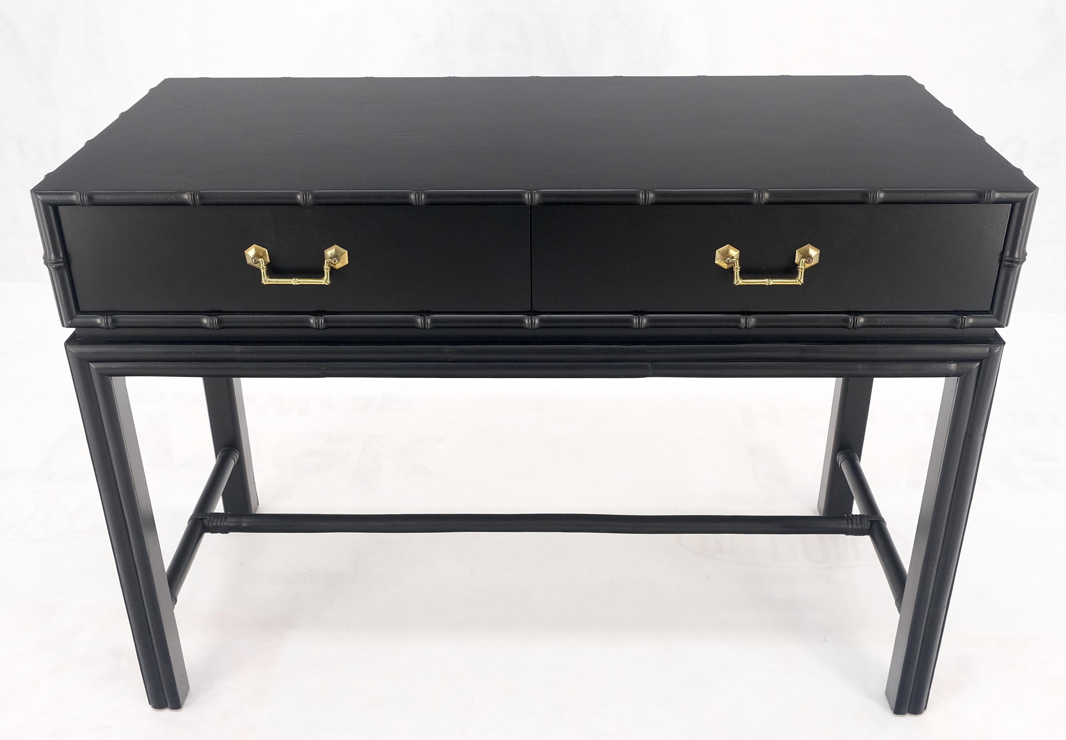 Mid-Century Modern Ficks Reed Black Lacquer Faux Bamboo Solid Brass Pulls Two Drawer Console Desk For Sale