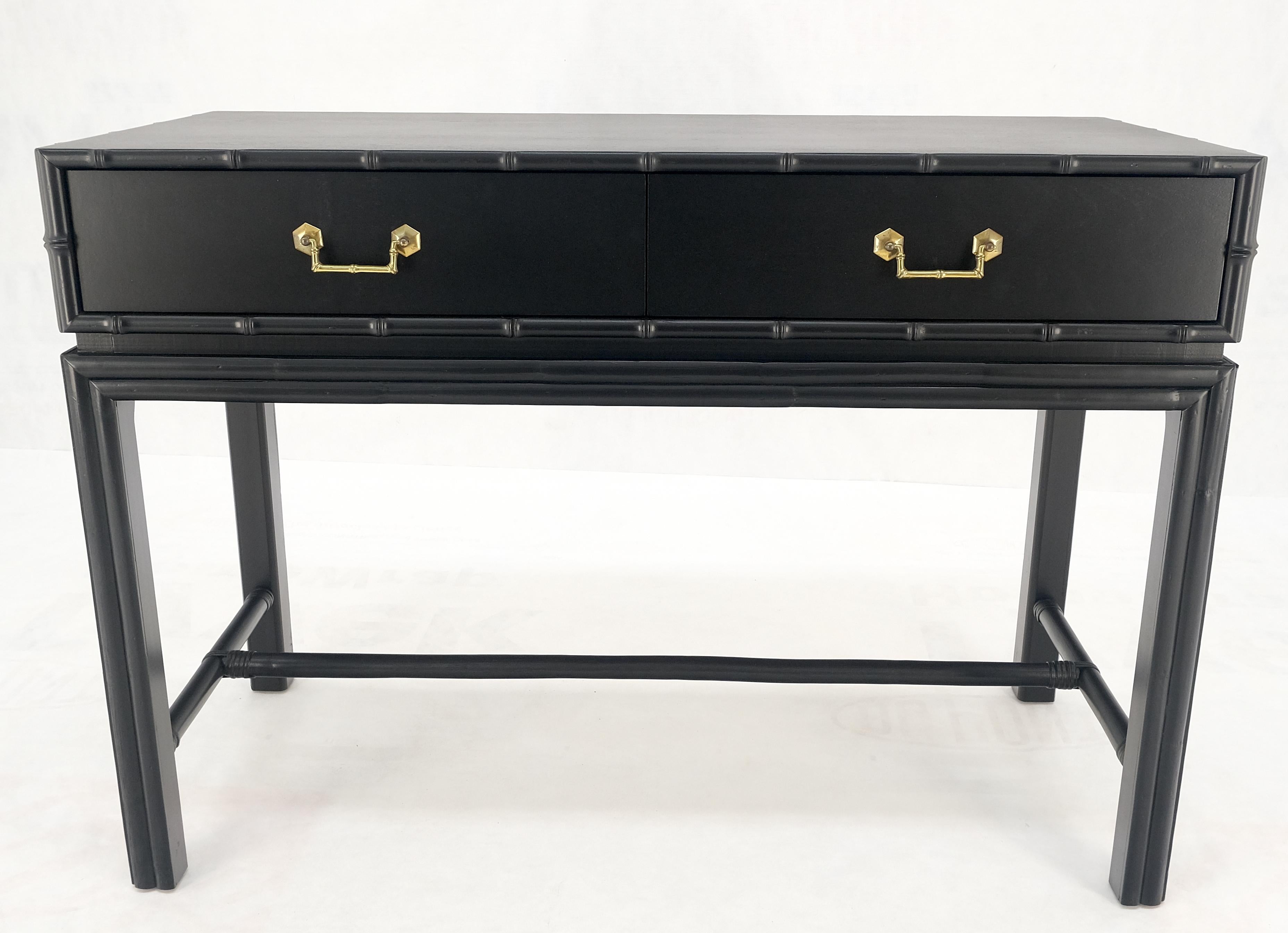 American Ficks Reed Black Lacquer Faux Bamboo Solid Brass Pulls Two Drawer Console Desk For Sale