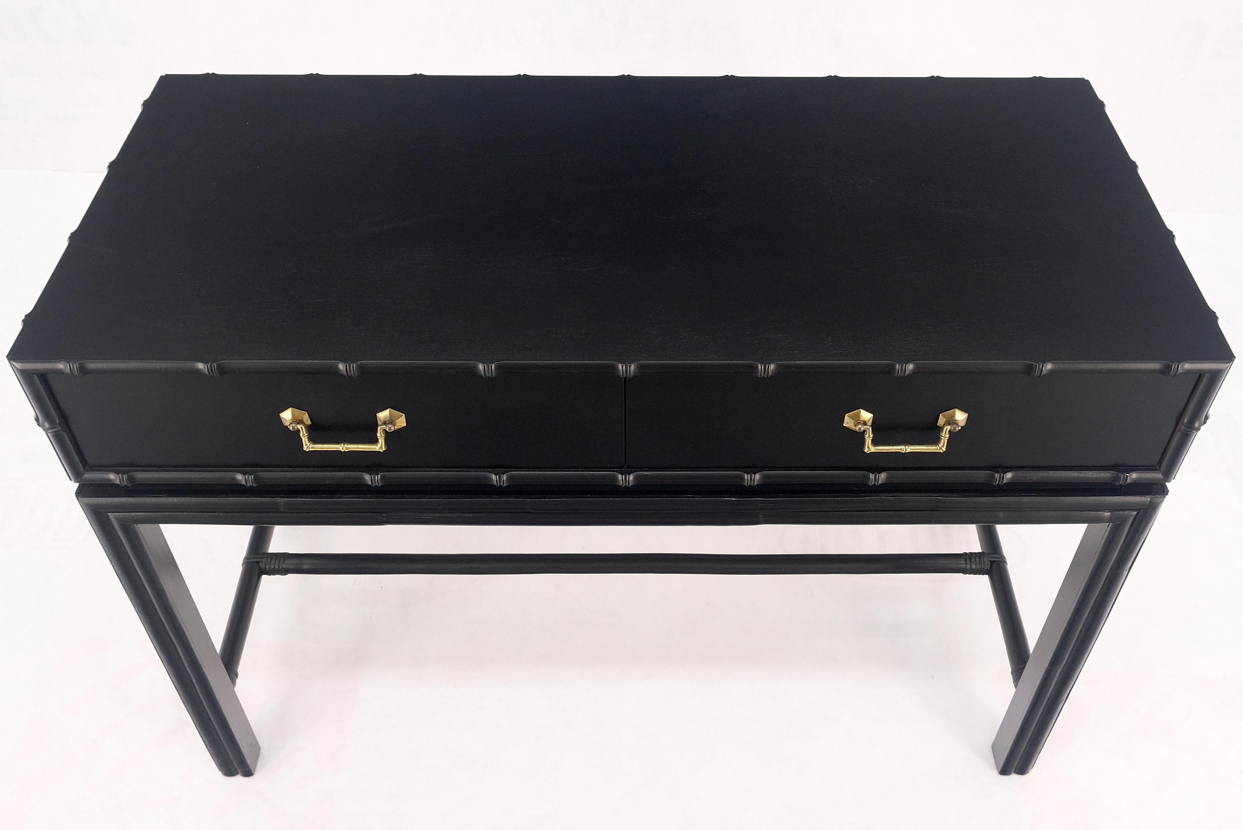 Blackened Ficks Reed Black Lacquer Faux Bamboo Solid Brass Pulls Two Drawer Console Desk For Sale