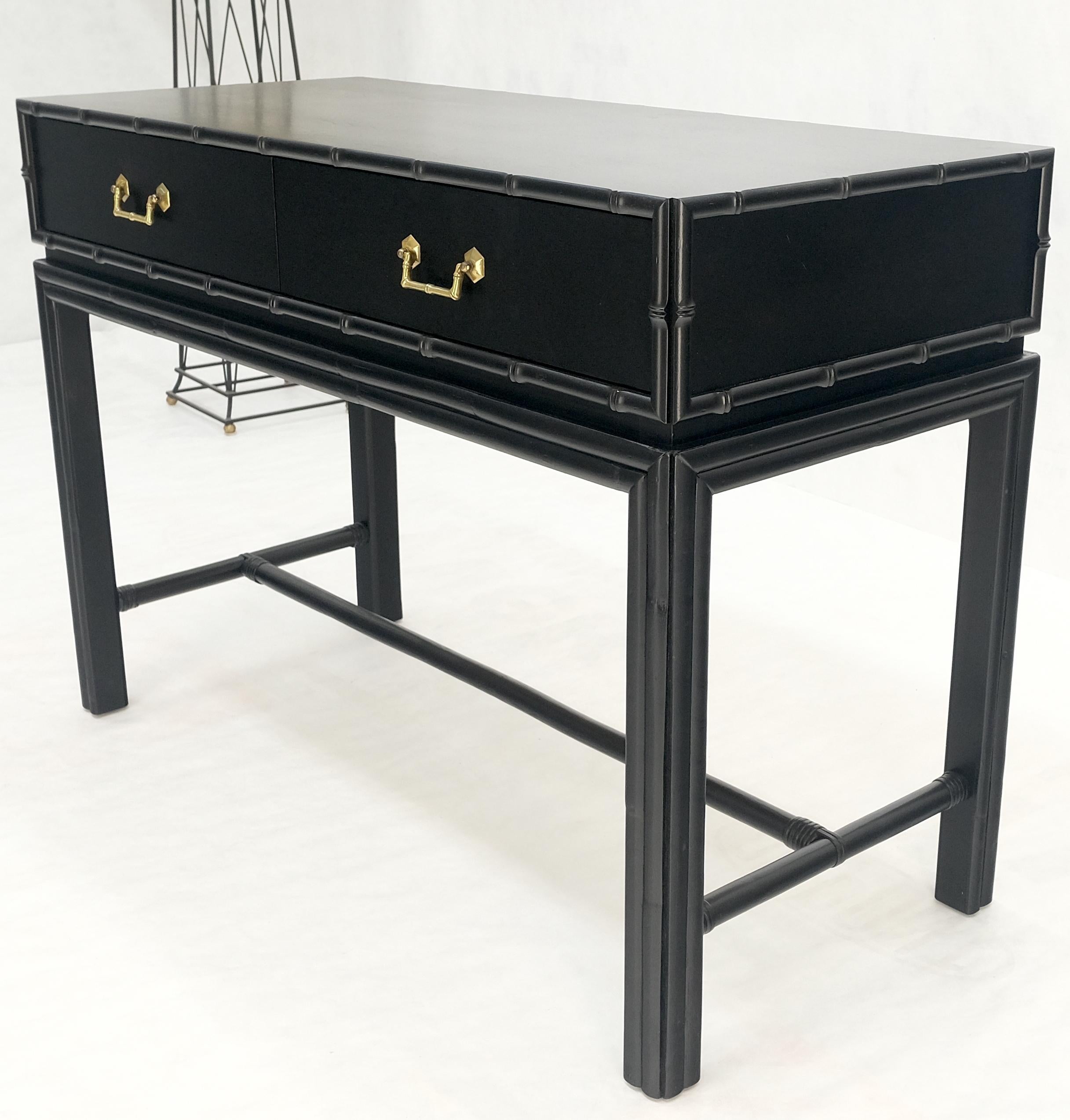 Ficks Reed Black Lacquer Faux Bamboo Solid Brass Pulls Two Drawer Console Desk In Excellent Condition For Sale In Rockaway, NJ