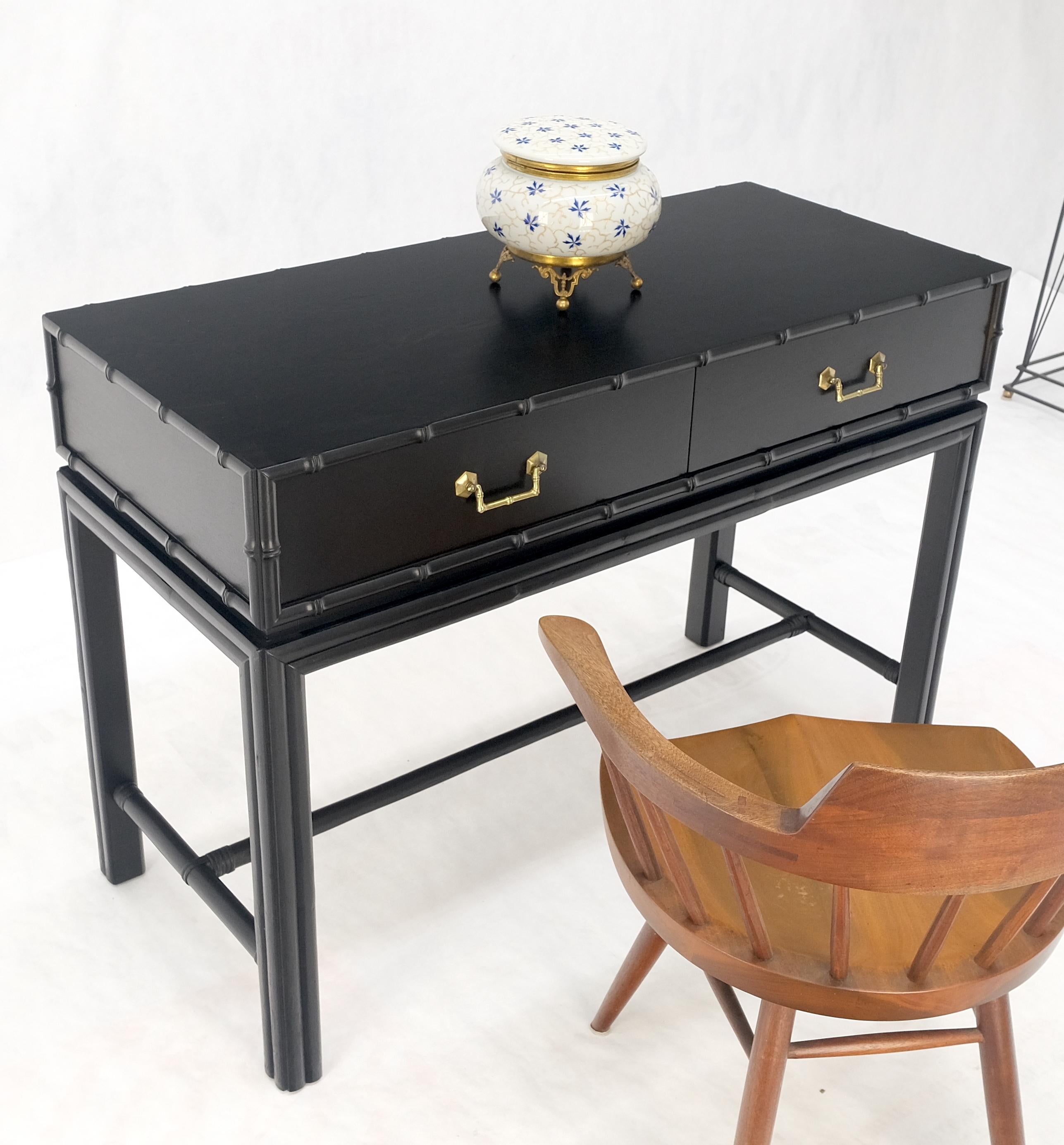 20th Century Ficks Reed Black Lacquer Faux Bamboo Solid Brass Pulls Two Drawer Console Desk For Sale