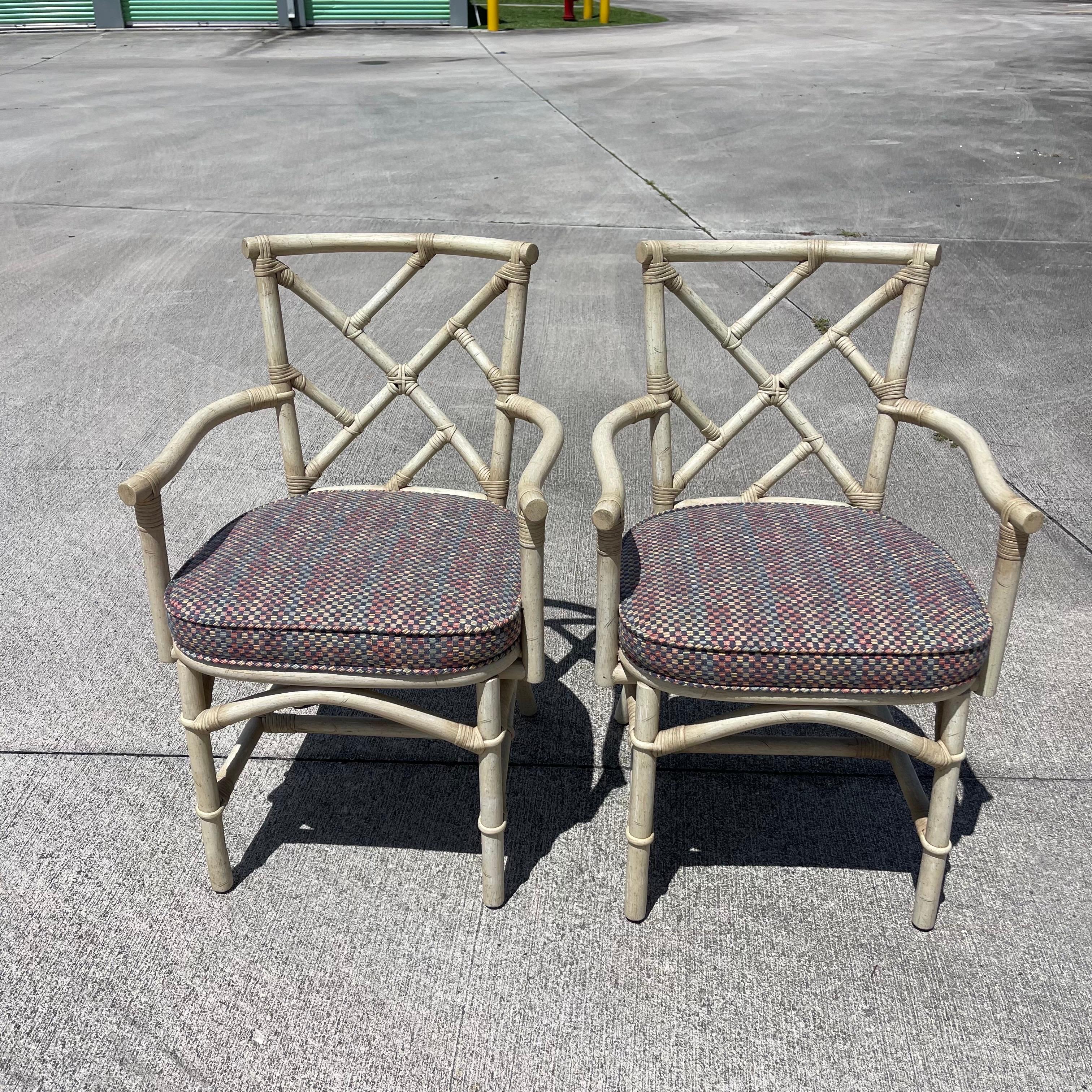 Ficks Reed Chinese Chippendale Brighton Fretwork Style Rattan Armchairs, a Pair In Good Condition In Jensen Beach, FL