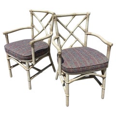 Ficks Reed Chinese Chippendale Brighton Fretwork Style Rattan Armchairs, a Pair
