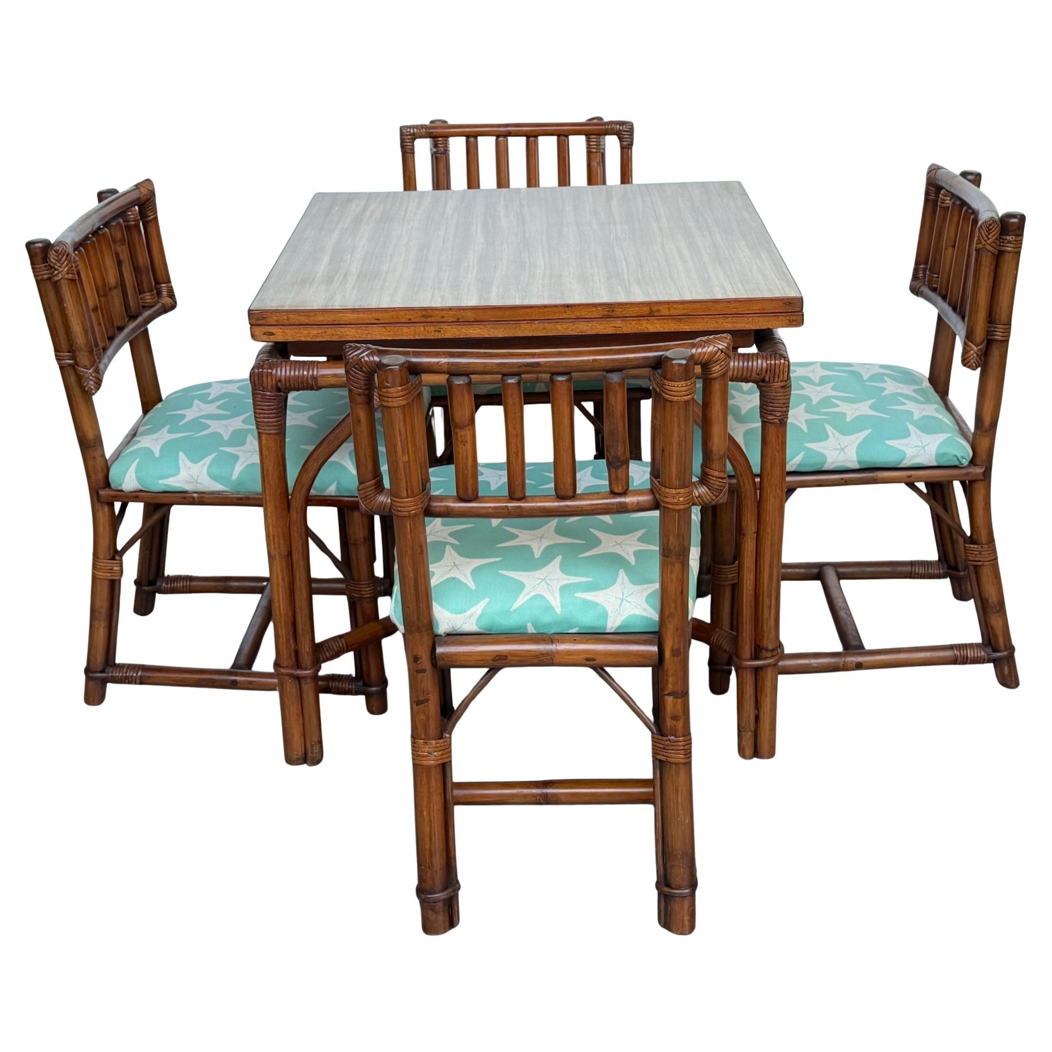 Ficks Reed Expandable Bamboo Game 
Dining Table with 4 Matching Chairs, C. 1960 For Sale