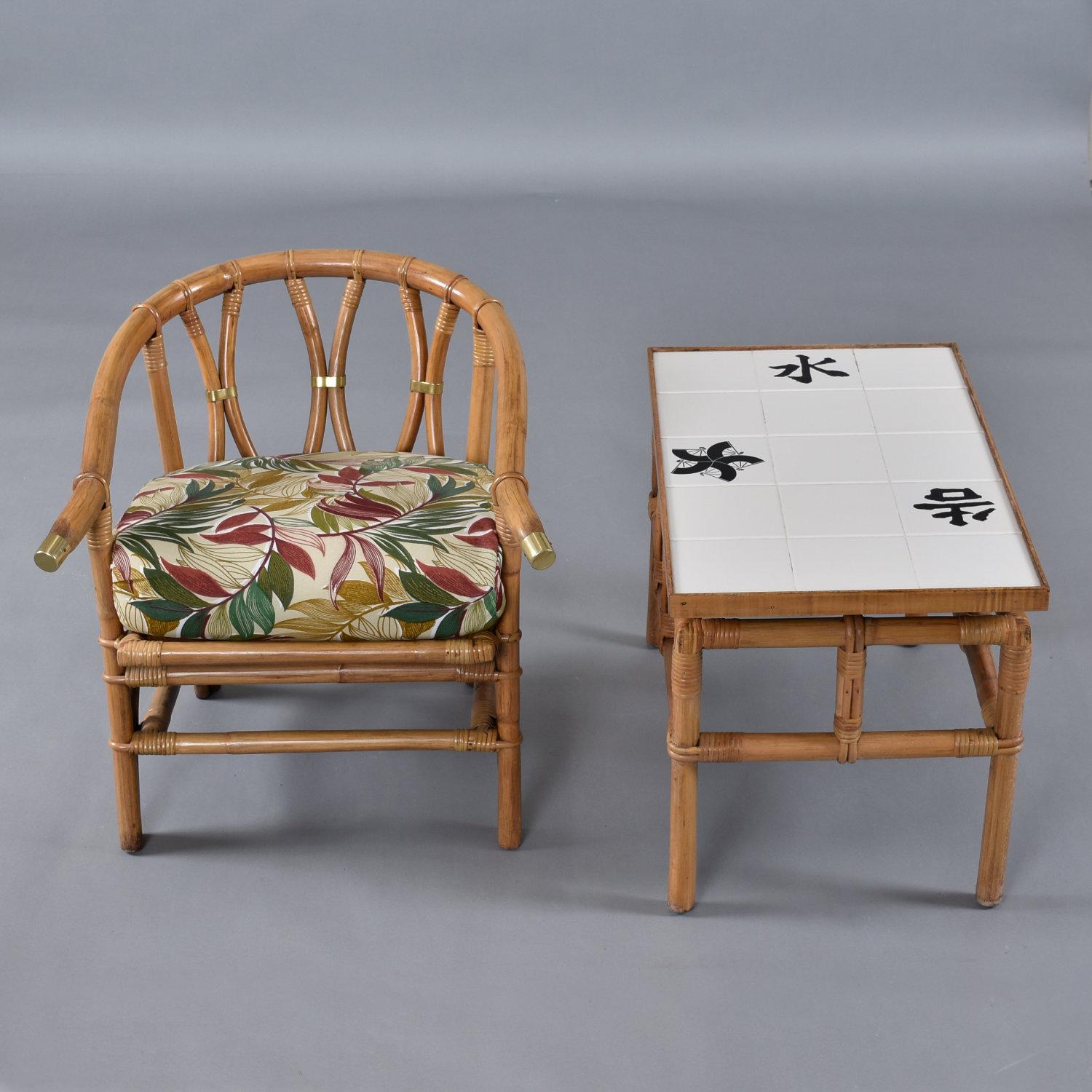 Ficks Reed Juego de silla de barril de ratán y mesa auxiliar de azulejos de los años 50 Far Horizons en venta 4