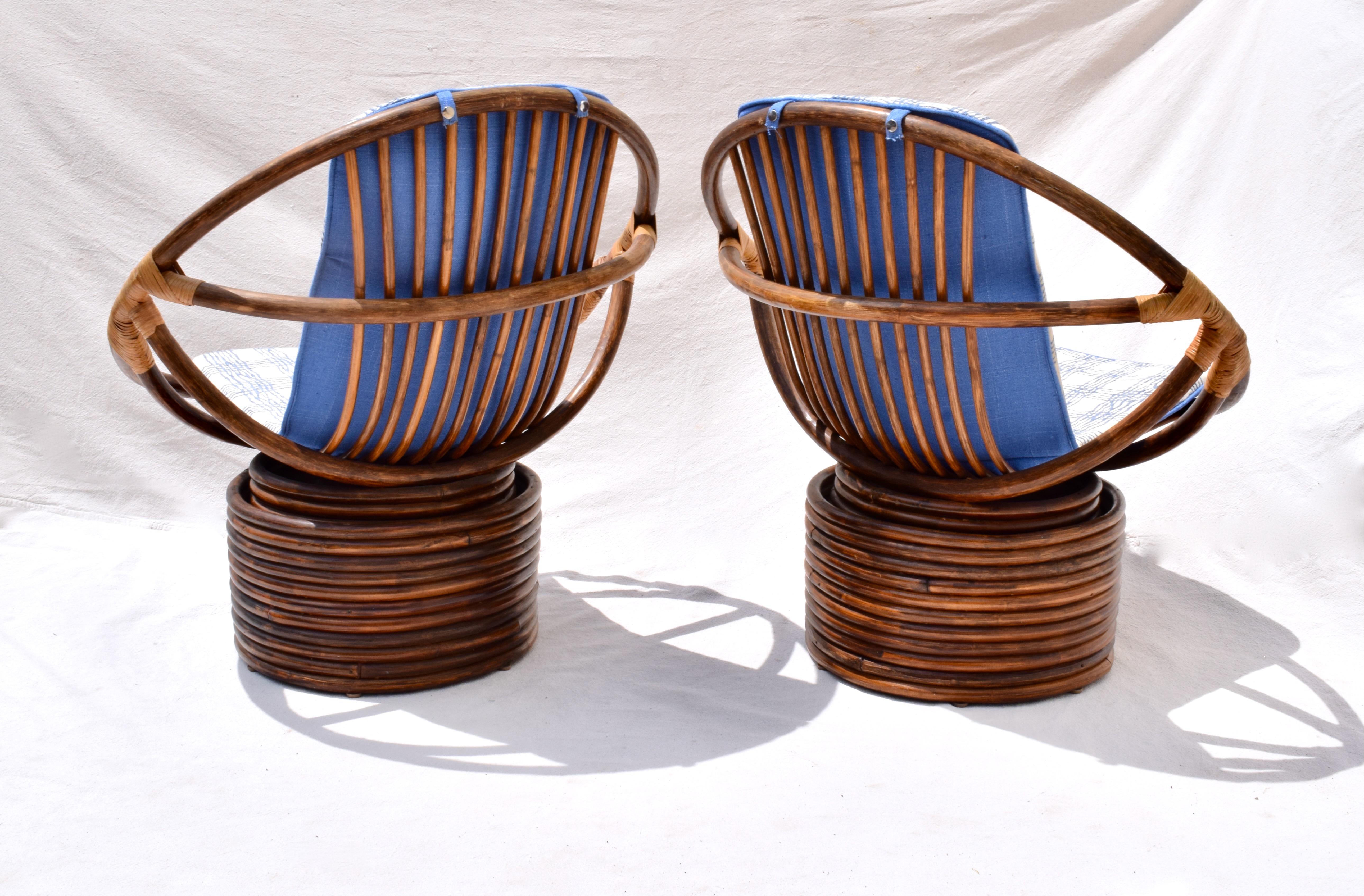 Woven Ficks Reed Far Horizons Saucer Swivel Chairs, Pair