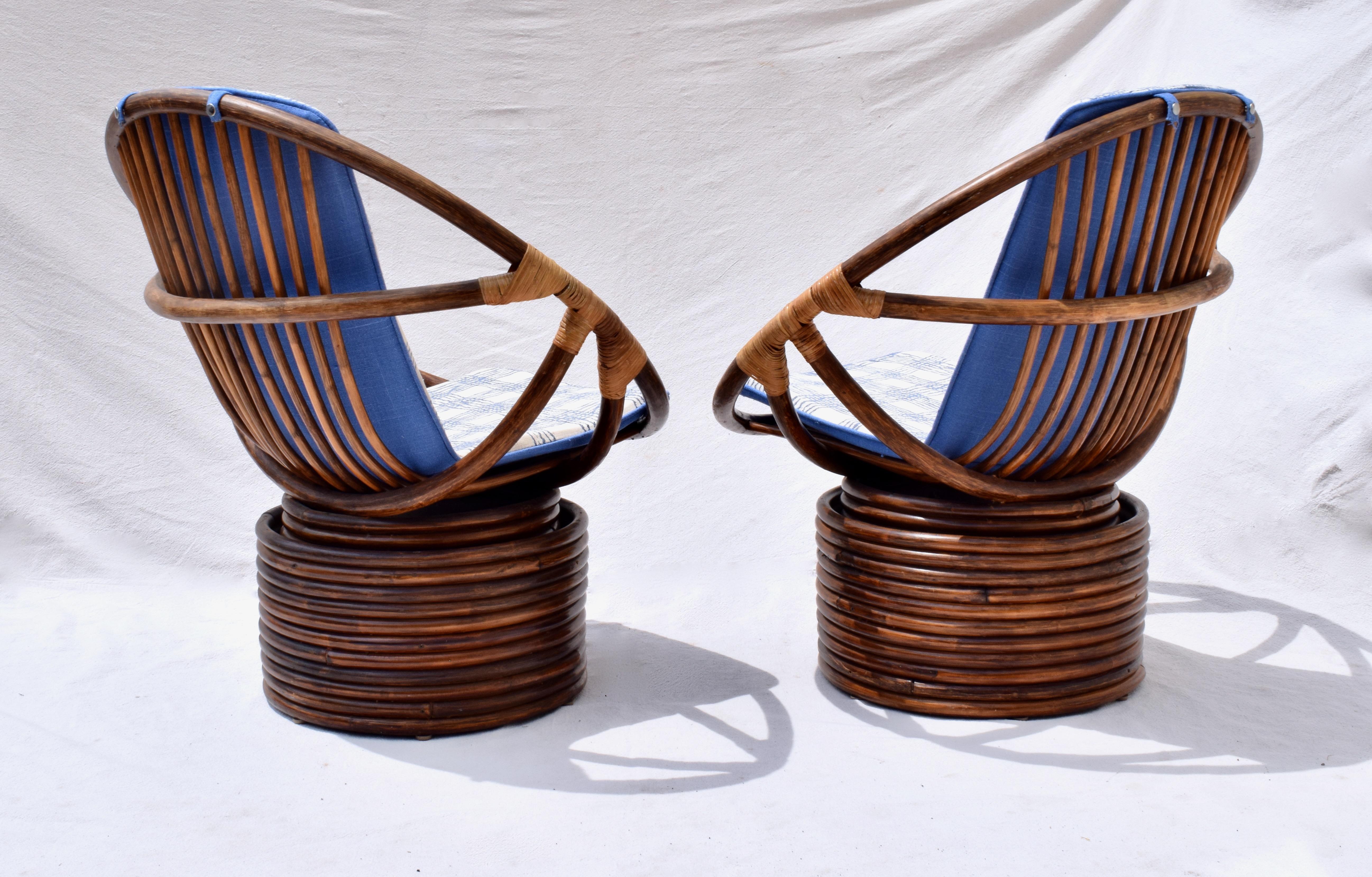Bamboo Ficks Reed Far Horizons Saucer Swivel Chairs, Pair