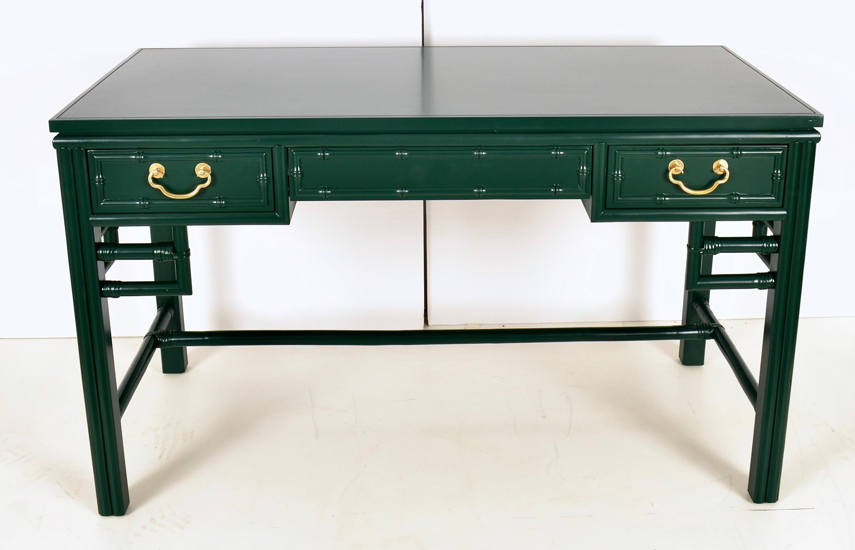 Chinese Chippendale Ficks Reed Faux Bamboo Desk in Hunter Green Lacquer